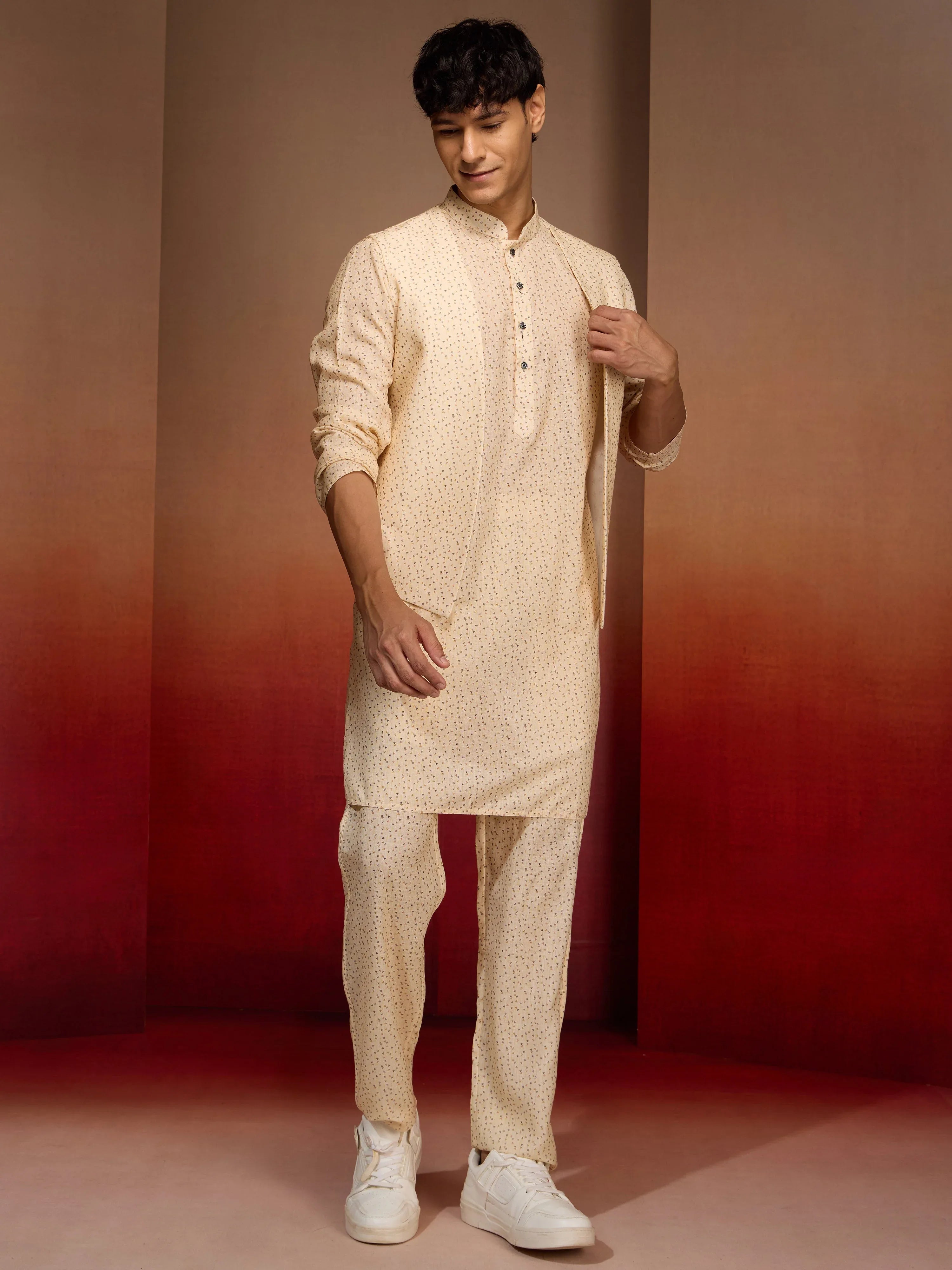 Men's Peach Yellow Cotton Linen 3-Piece Set