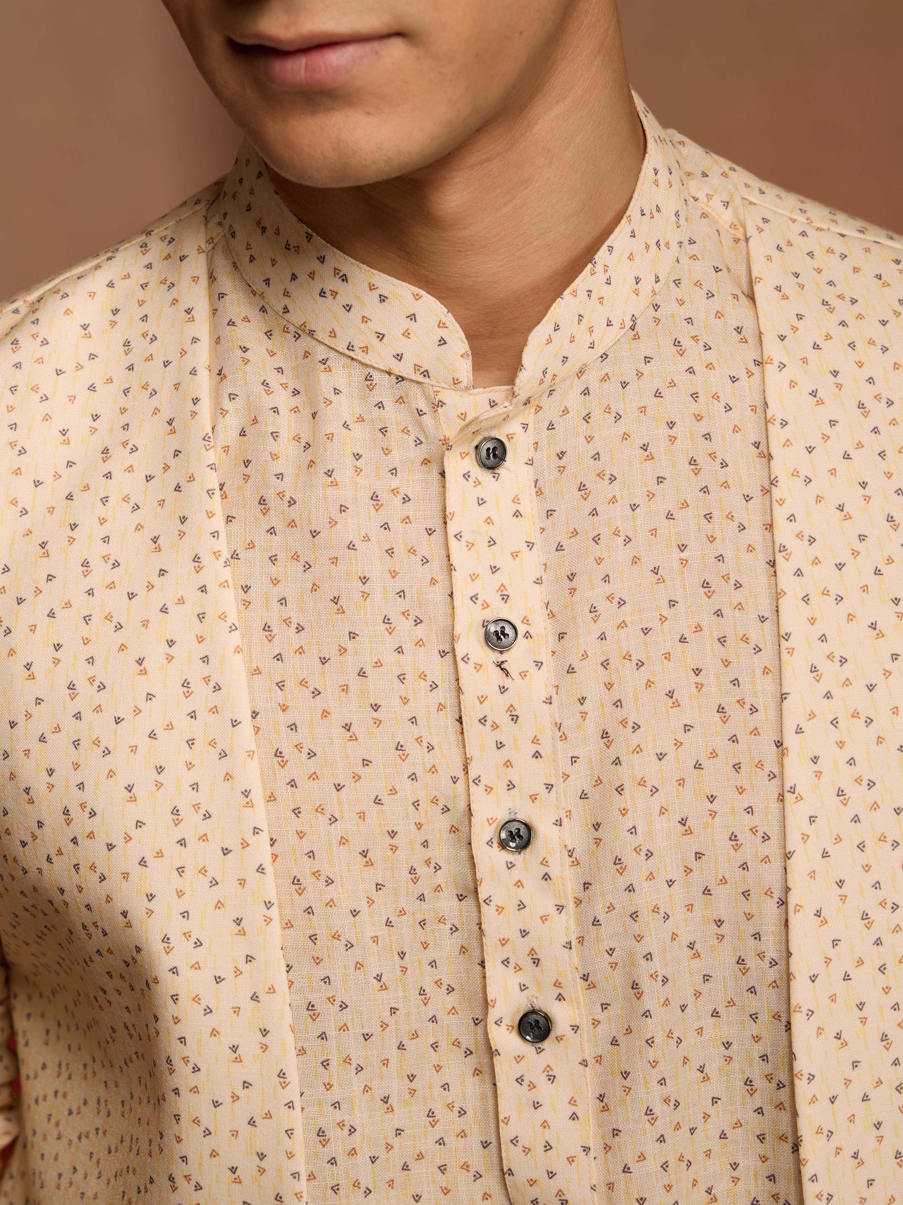 Men's Peach Yellow Cotton Linen 3-Piece Set