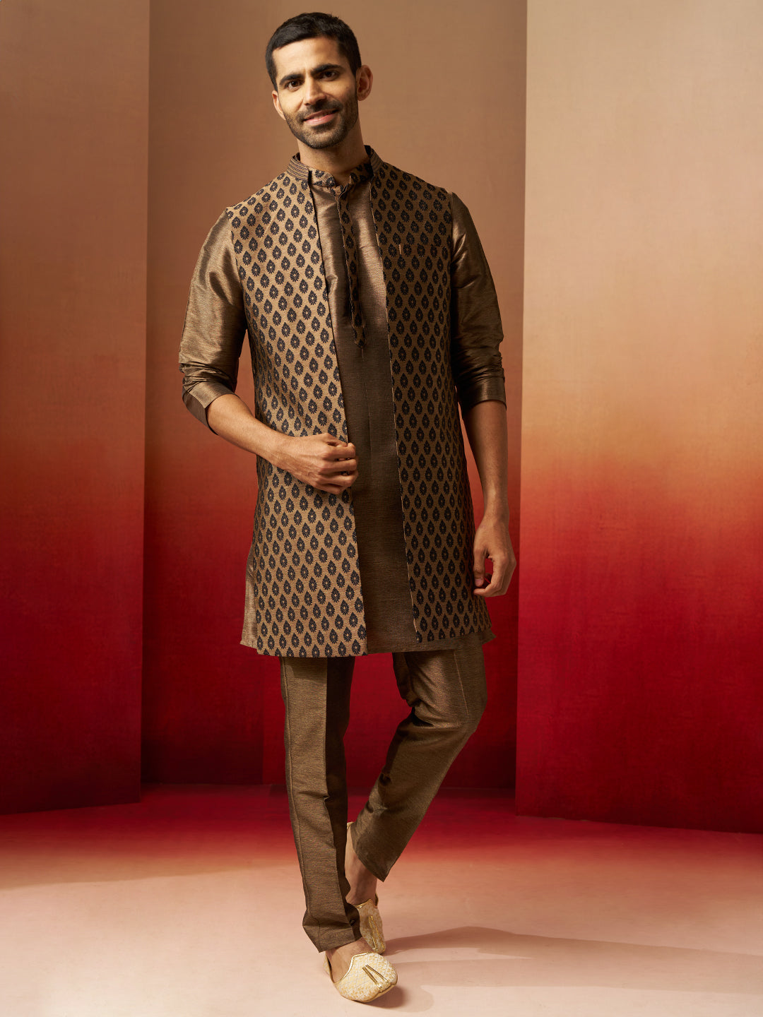 Men Bronze Black Silk 3-Piece Jacquard Set