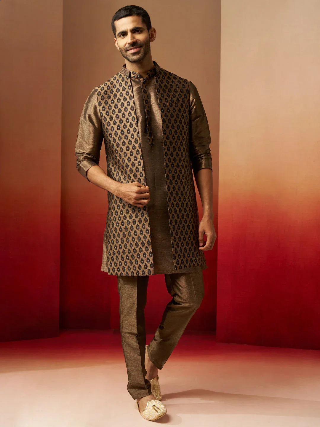 Men Bronze Black Silk 3-Piece Jacquard Set