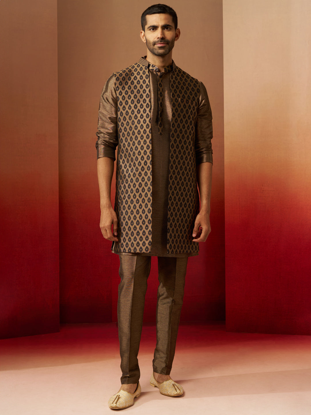 Men Bronze Black Silk 3-Piece Jacquard Set