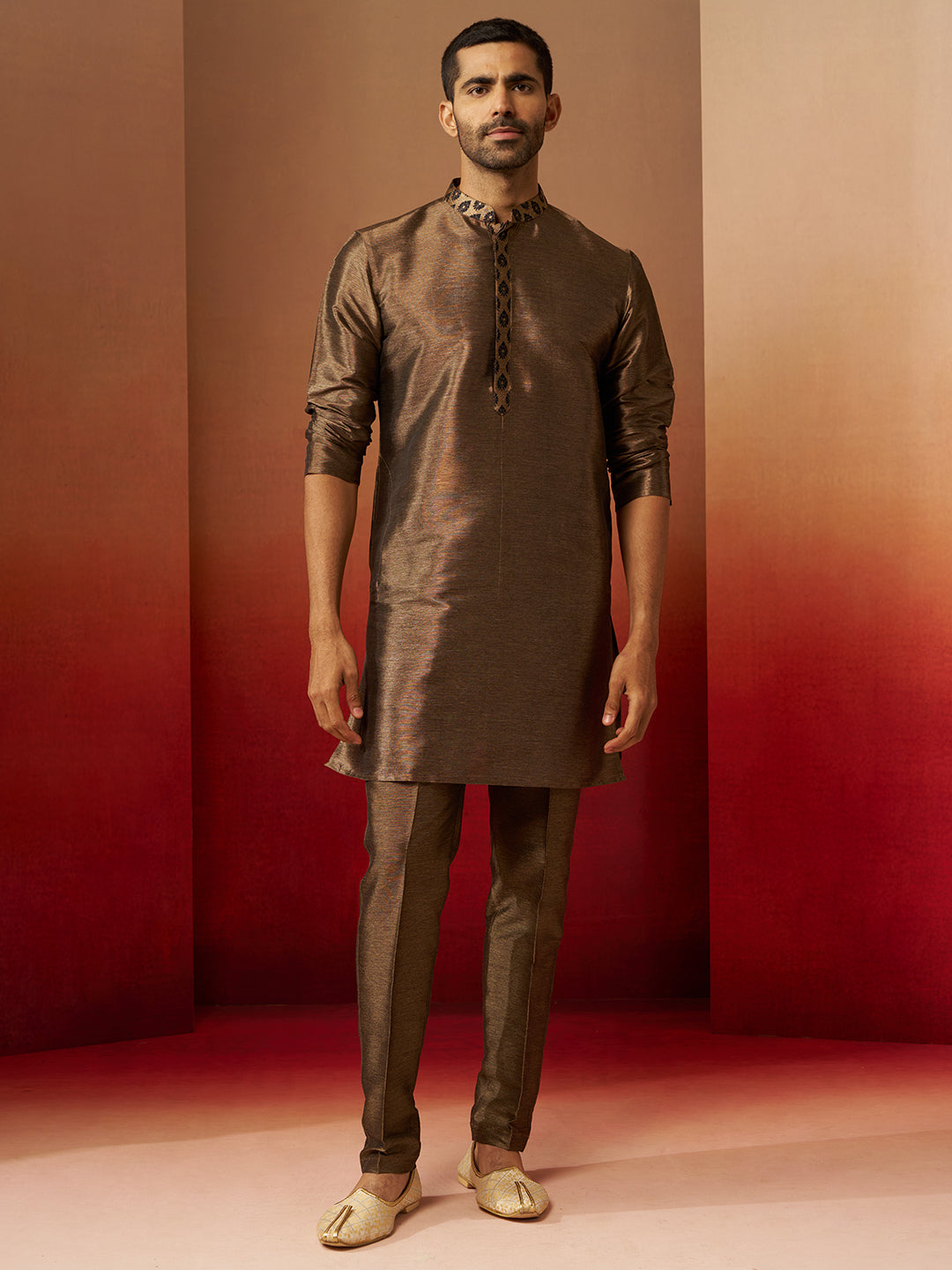 Men Bronze Black Silk 3-Piece Jacquard Set