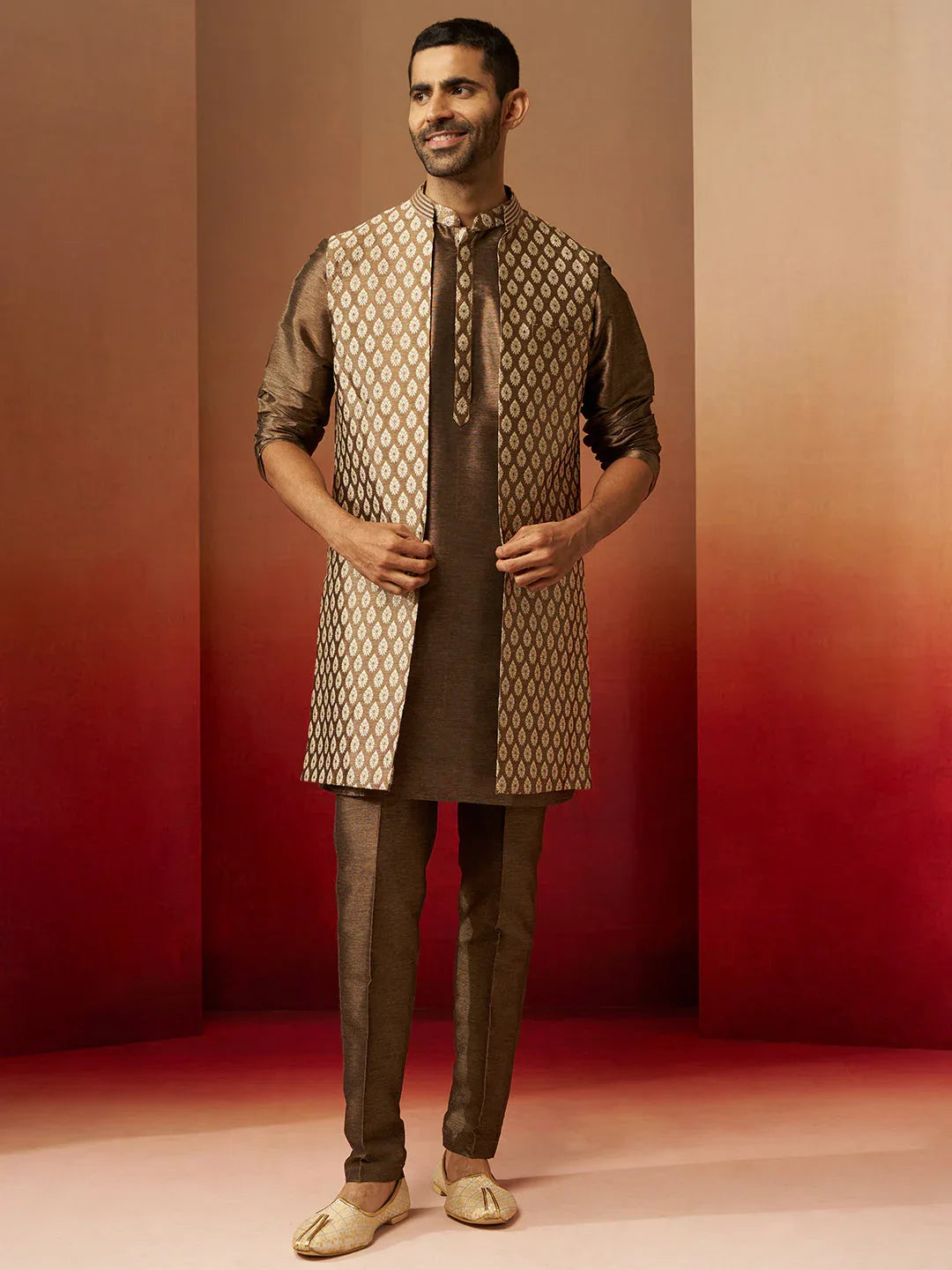 Men Bronze Gold Silk 3-Piece Jacquard Set Qivii New Men Bronze Gold Silk 3-Piece Jacquard Set Qivii New