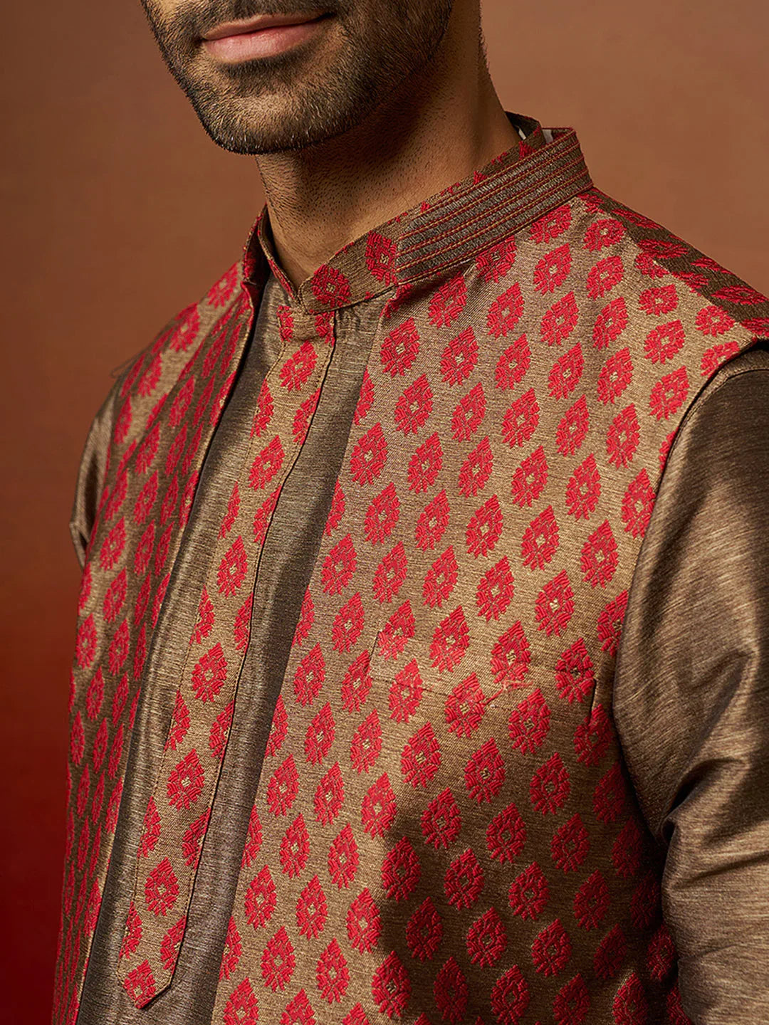 Men Bronze Maroon Silk 3-Piece Jacquard Set
