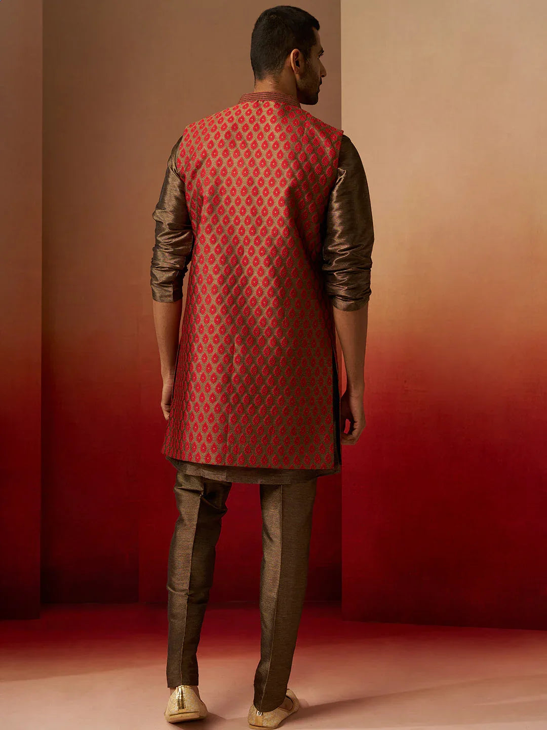 Men Bronze Maroon Silk 3-Piece Jacquard Set