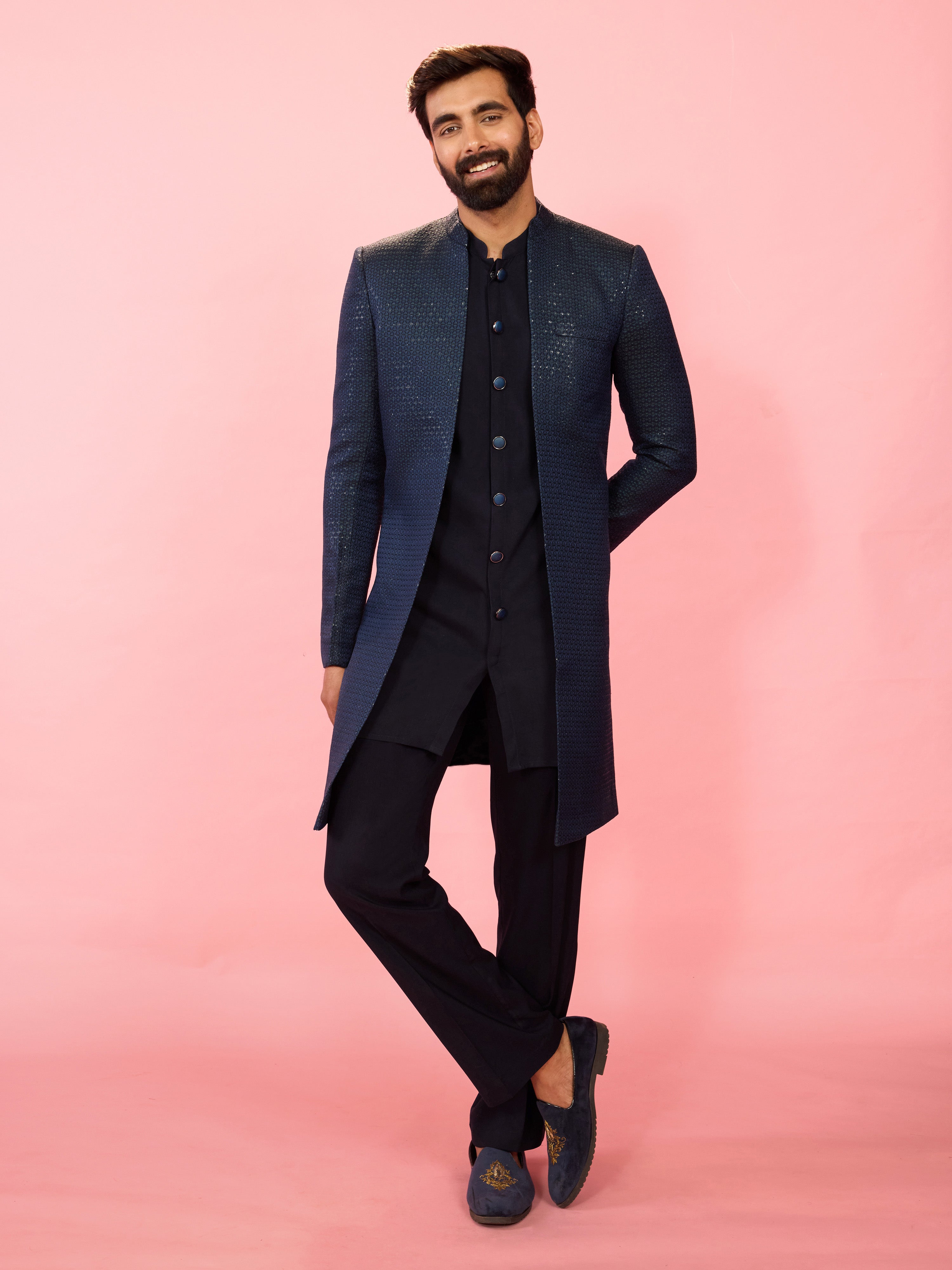 Men's Green Jacquard Silk Blend Indo-Western with Navy Blue Sleeveless Semi-Indo & Imported Suiting Pant Set