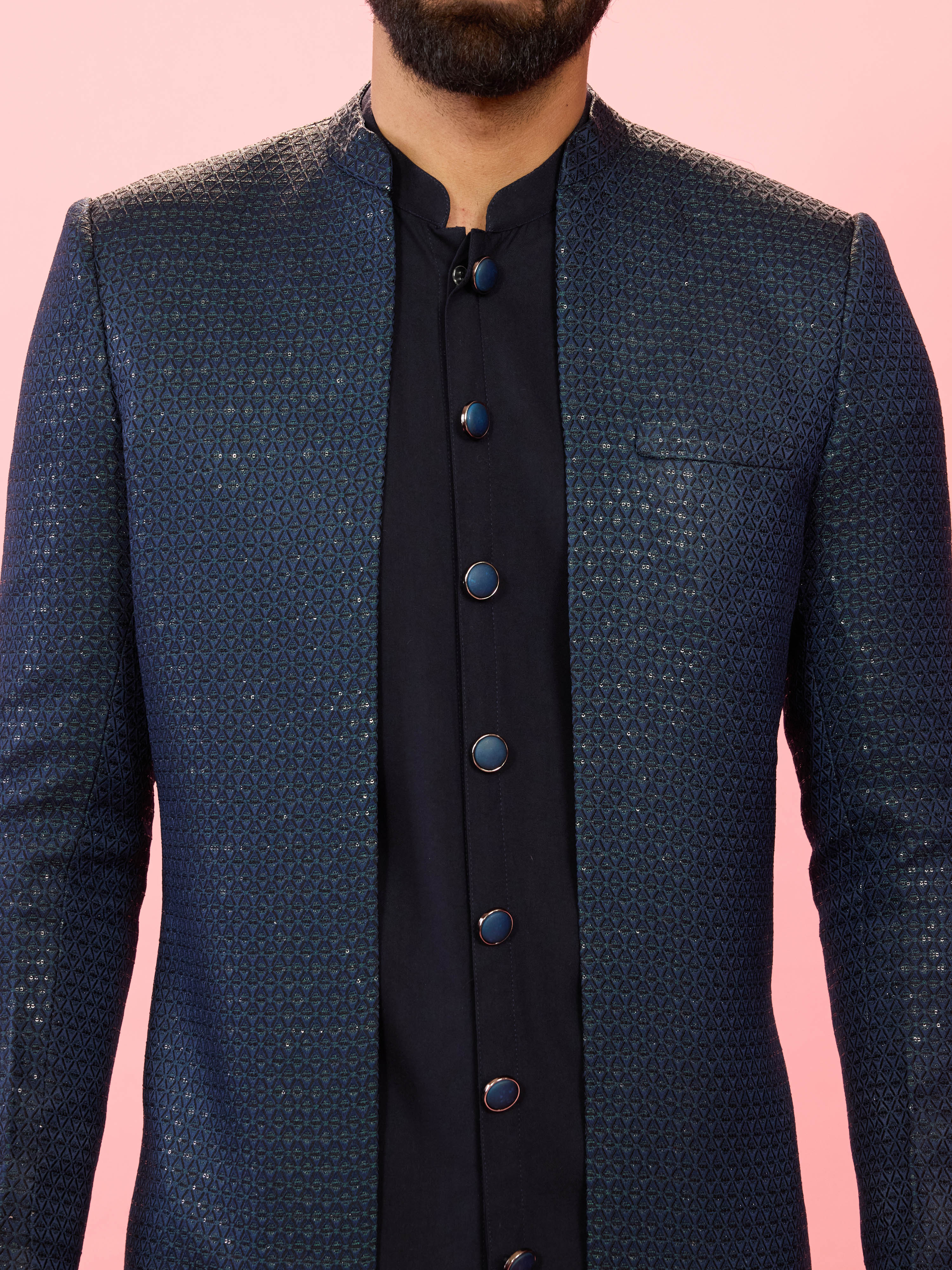 Men's Green Jacquard Silk Blend Indo-Western with Navy Blue Sleeveless Semi-Indo & Imported Suiting Pant Set