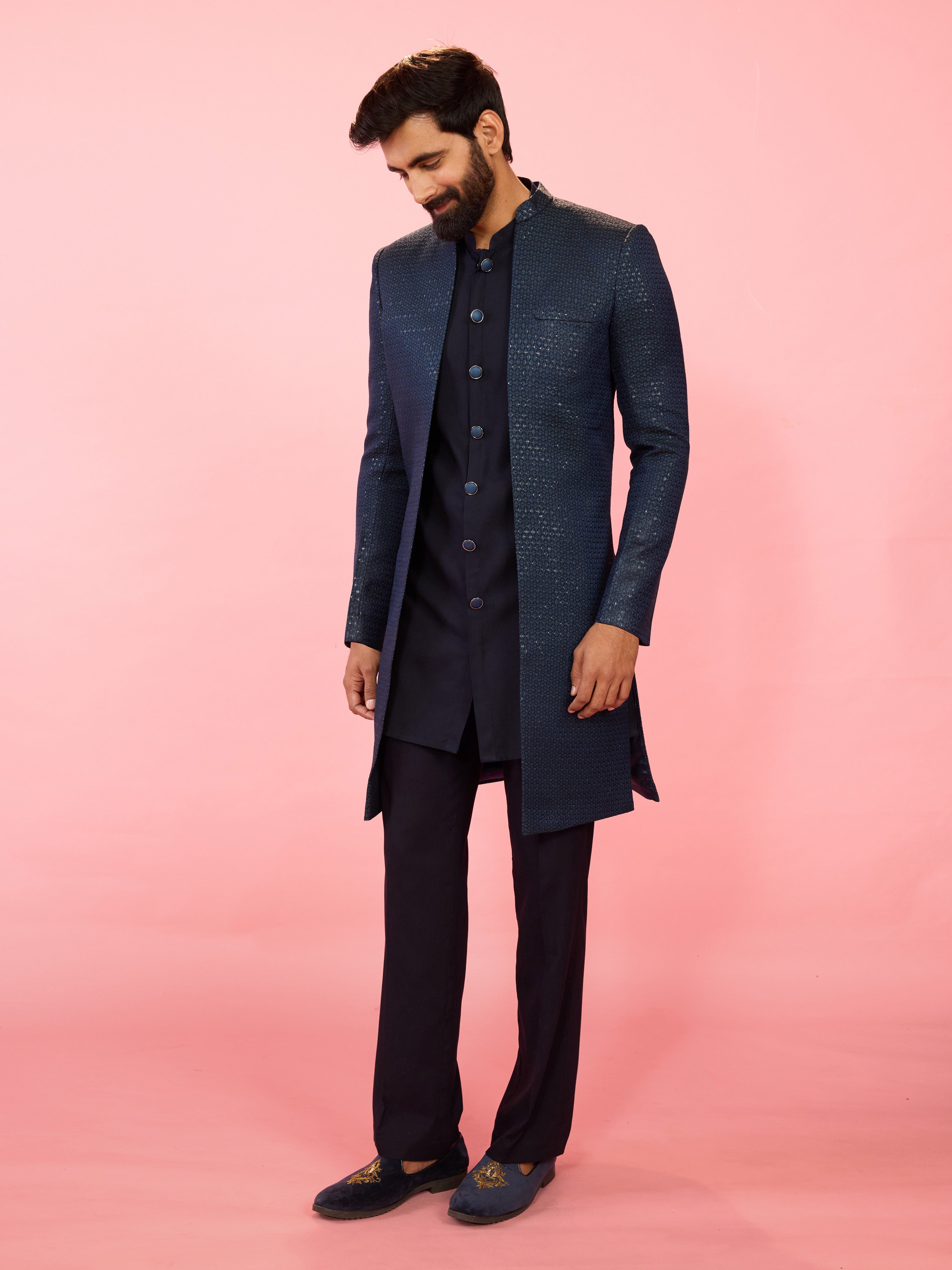 Men's Green Jacquard Silk Blend Indo-Western with Navy Blue Sleeveless Semi-Indo & Imported Suiting Pant Set