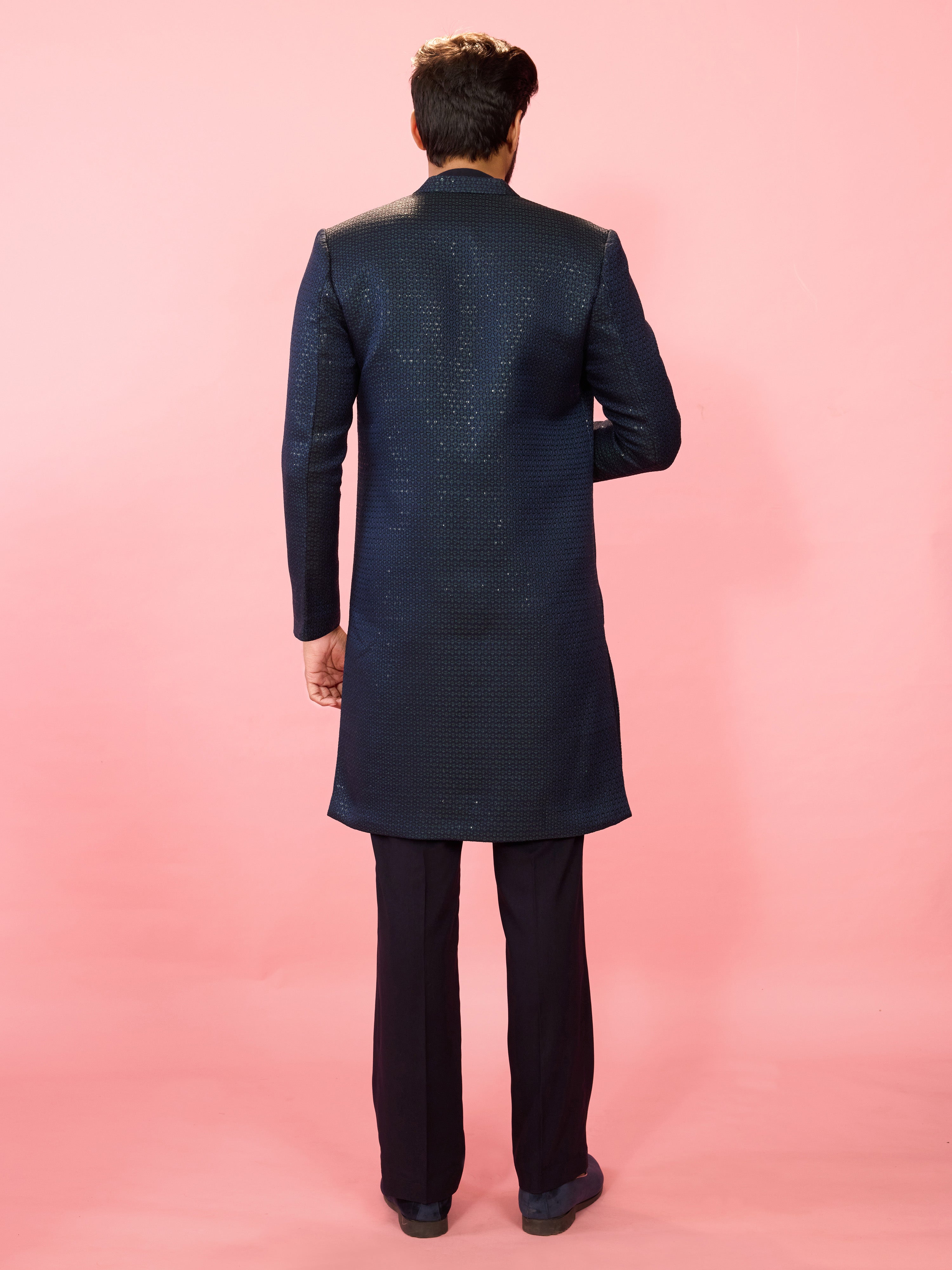 Men's Green Jacquard Silk Blend Indo-Western with Navy Blue Sleeveless Semi-Indo & Imported Suiting Pant Set