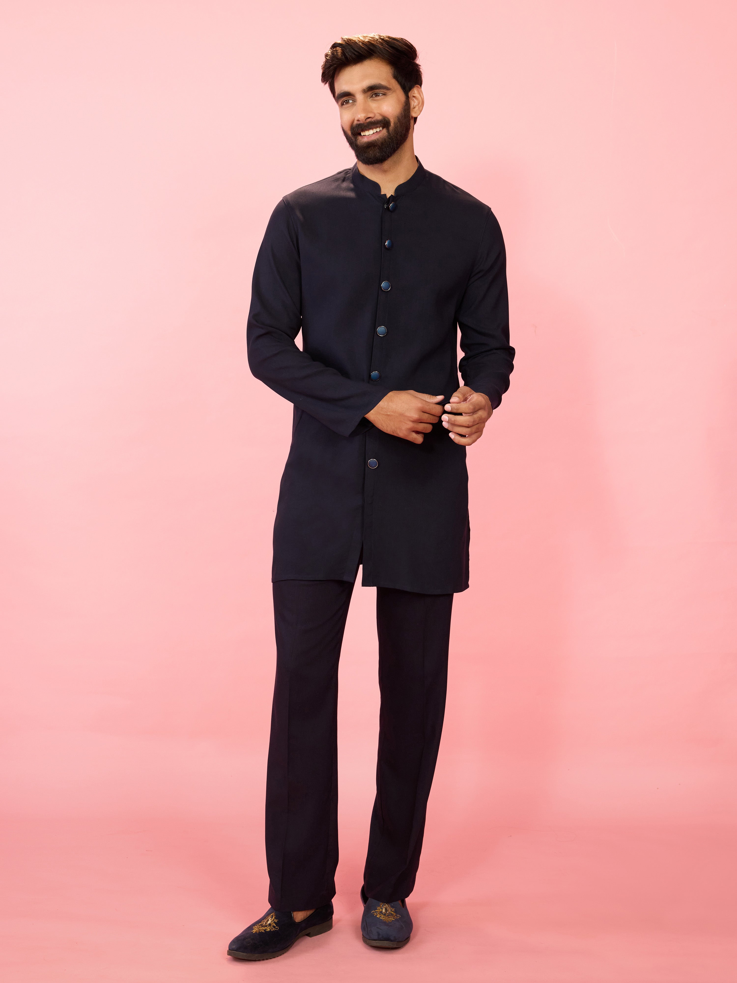 Men's Green Jacquard Silk Blend Indo-Western with Navy Blue Sleeveless Semi-Indo & Imported Suiting Pant Set