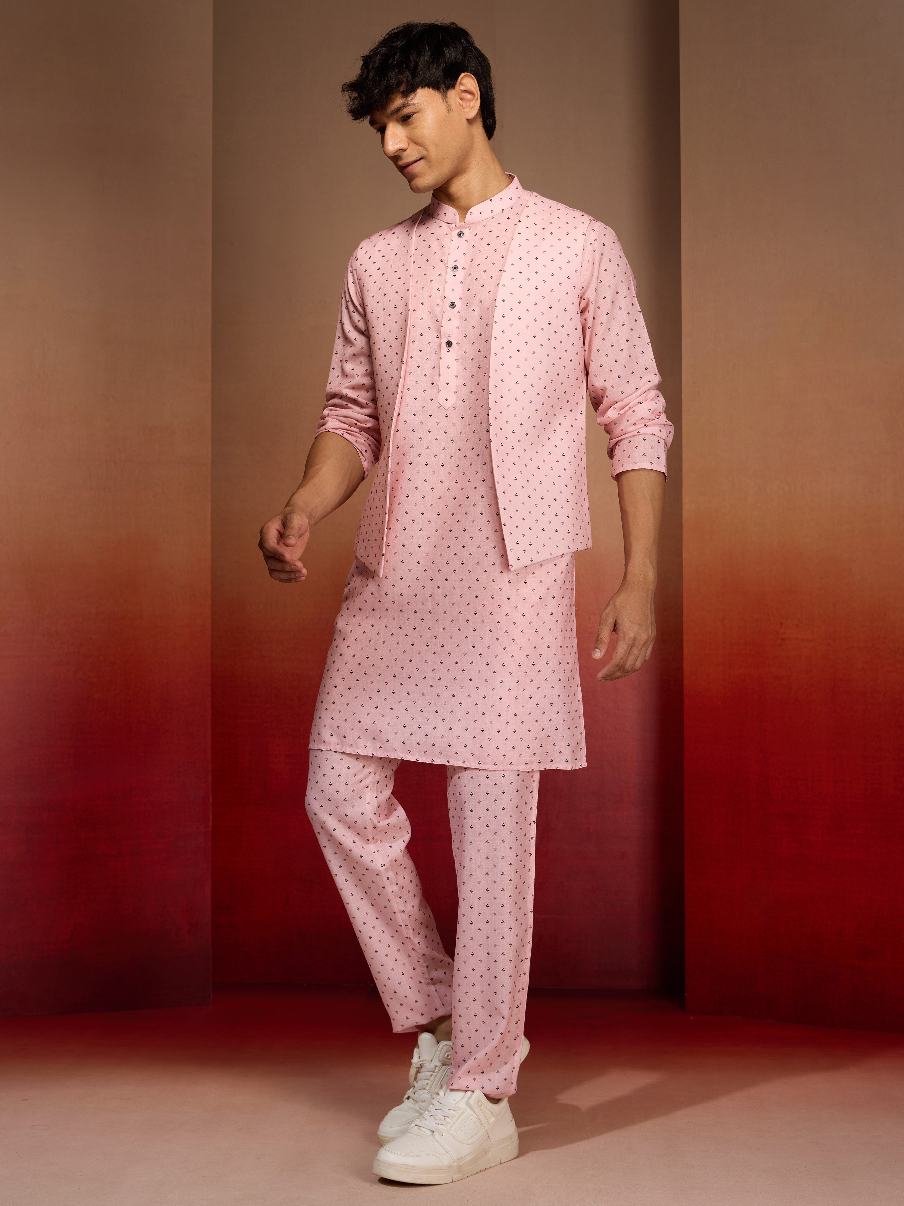 Men's Peach Cotton Linen 3-Piece Nehru Set