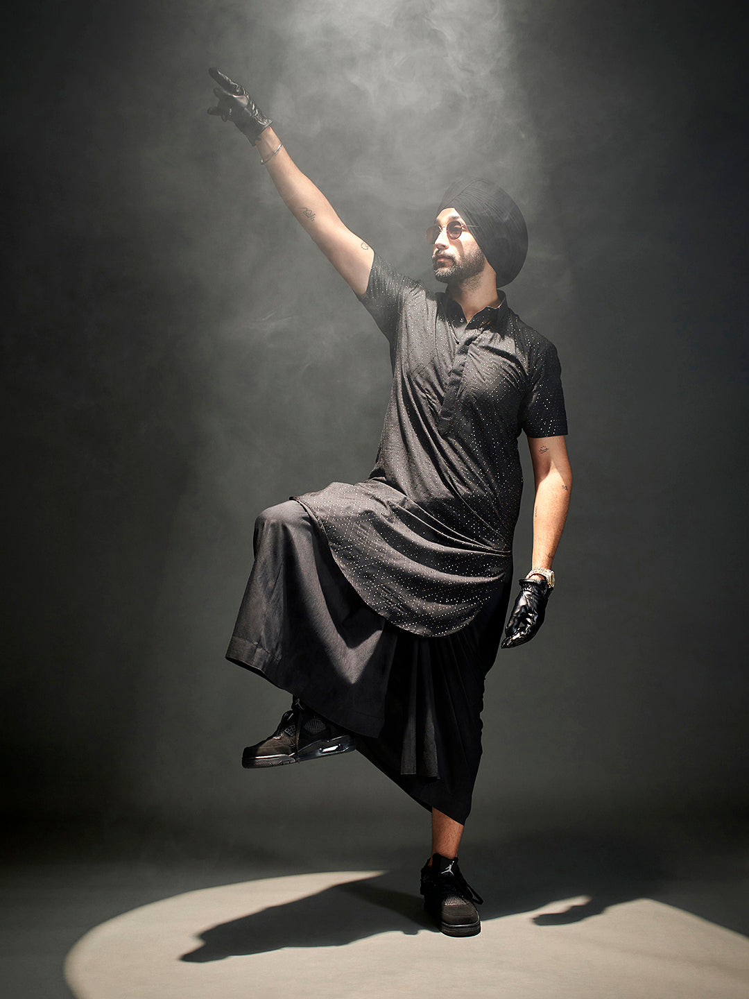 Men's Black Sequined Viscose Kurta Lungi Set