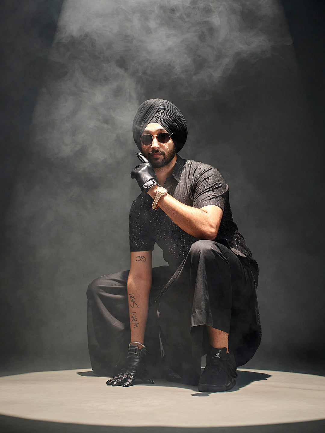 Men's Black Sequined Viscose Kurta Lungi Set