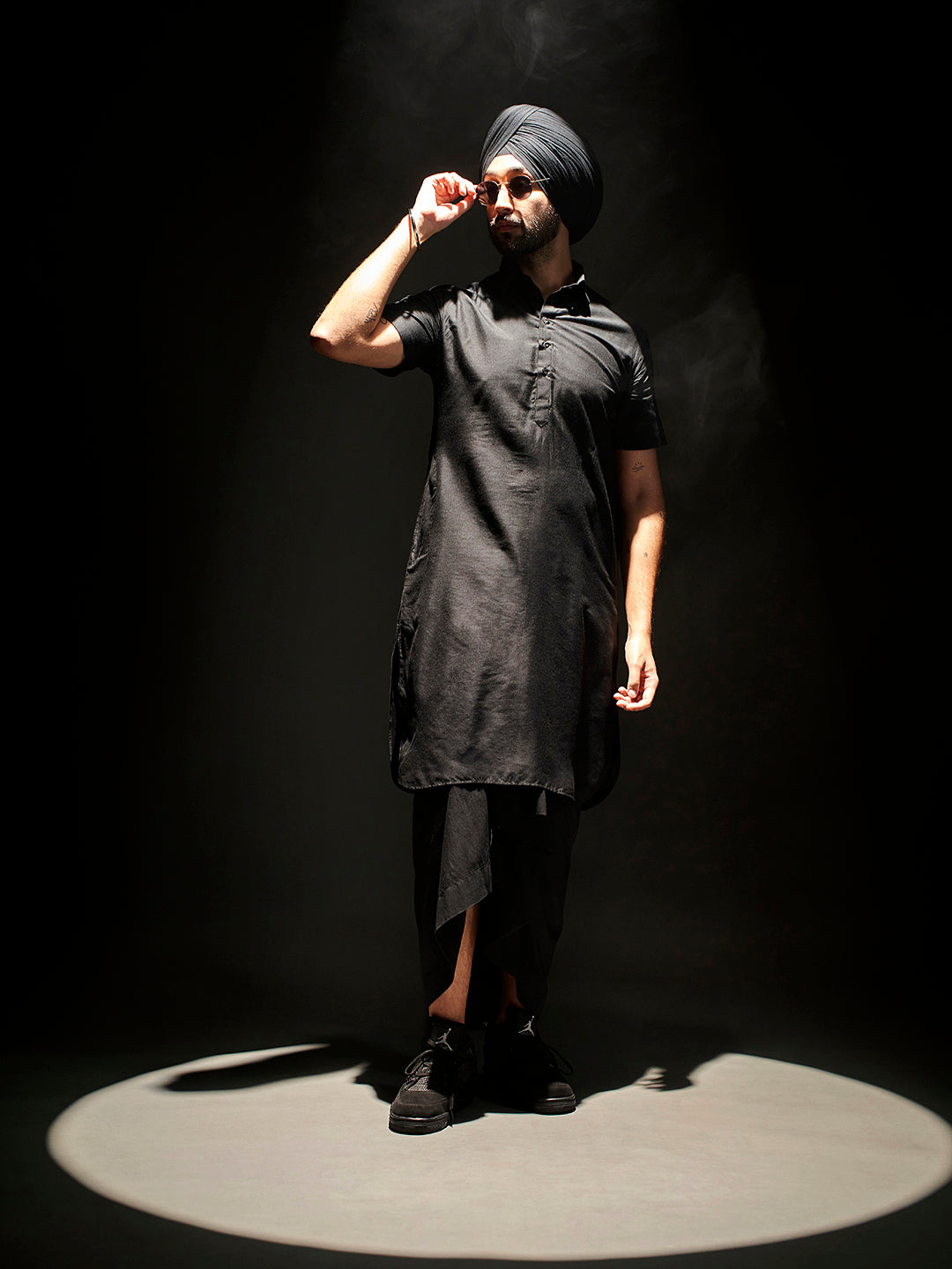 Men's Black Plain Viscose Kurta Lungi Set
