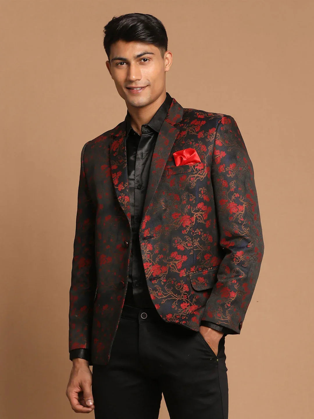 Men's Black And Red Woven Blazer