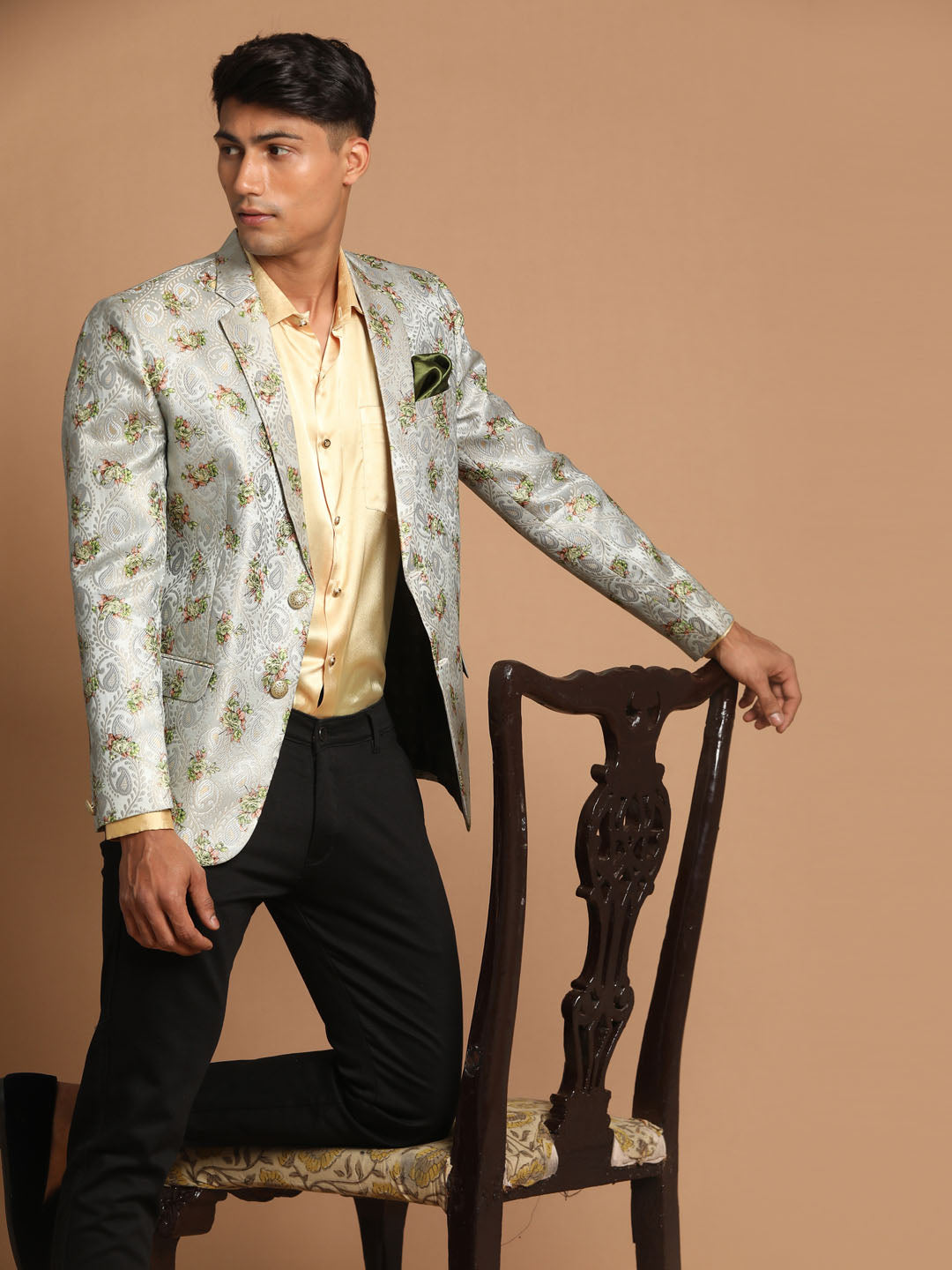 Men's Light Green Woven Silk Blend Blazer