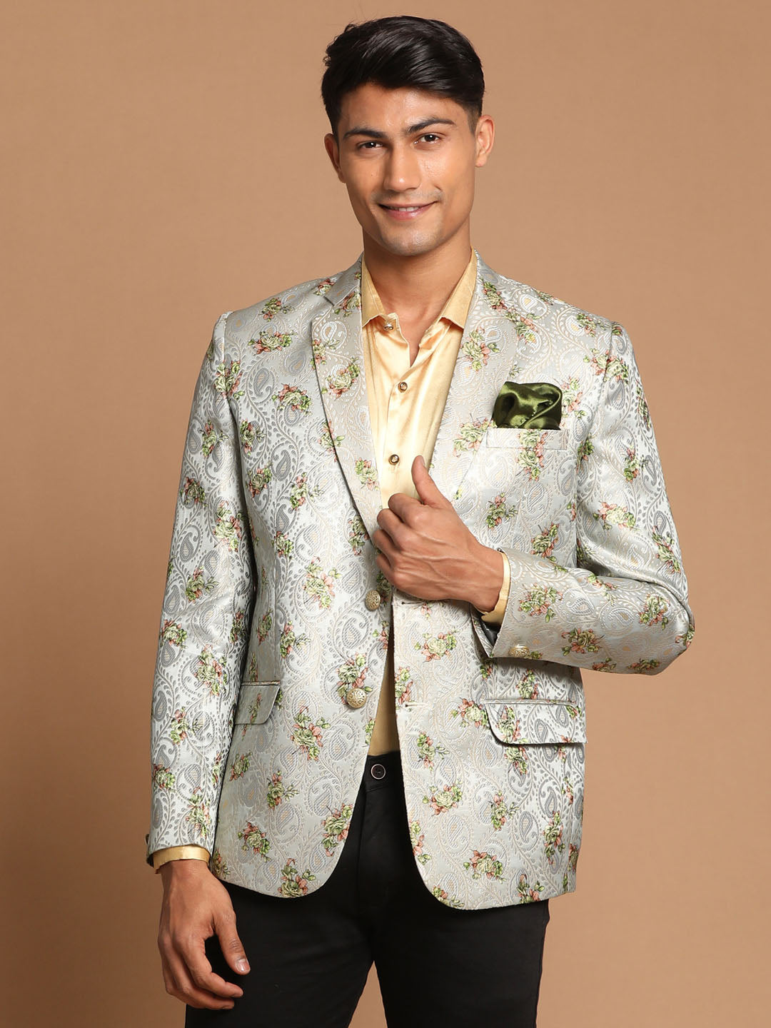 Men's Light Green Woven Silk Blend Blazer