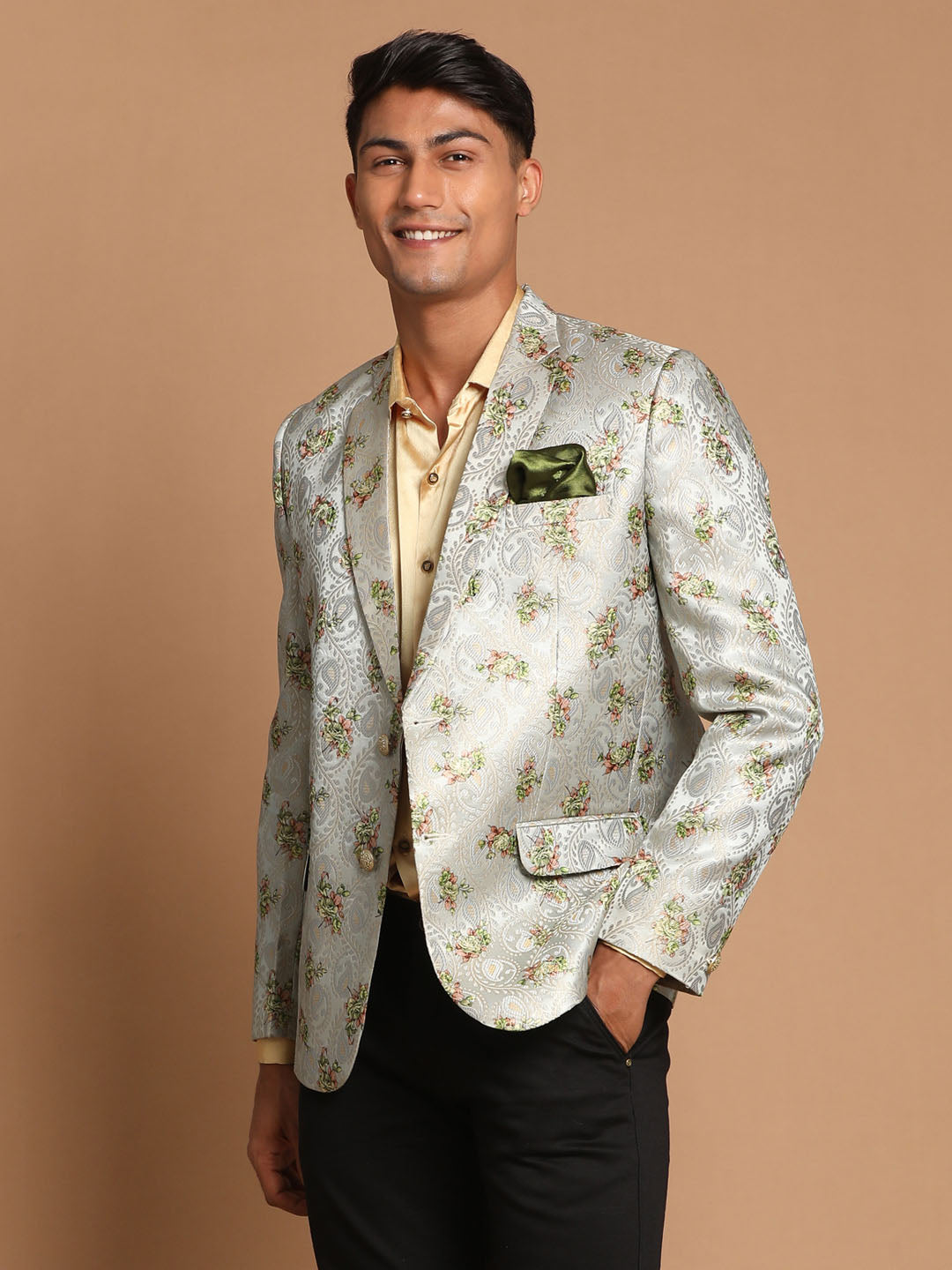 Men's Light Green Woven Silk Blend Blazer