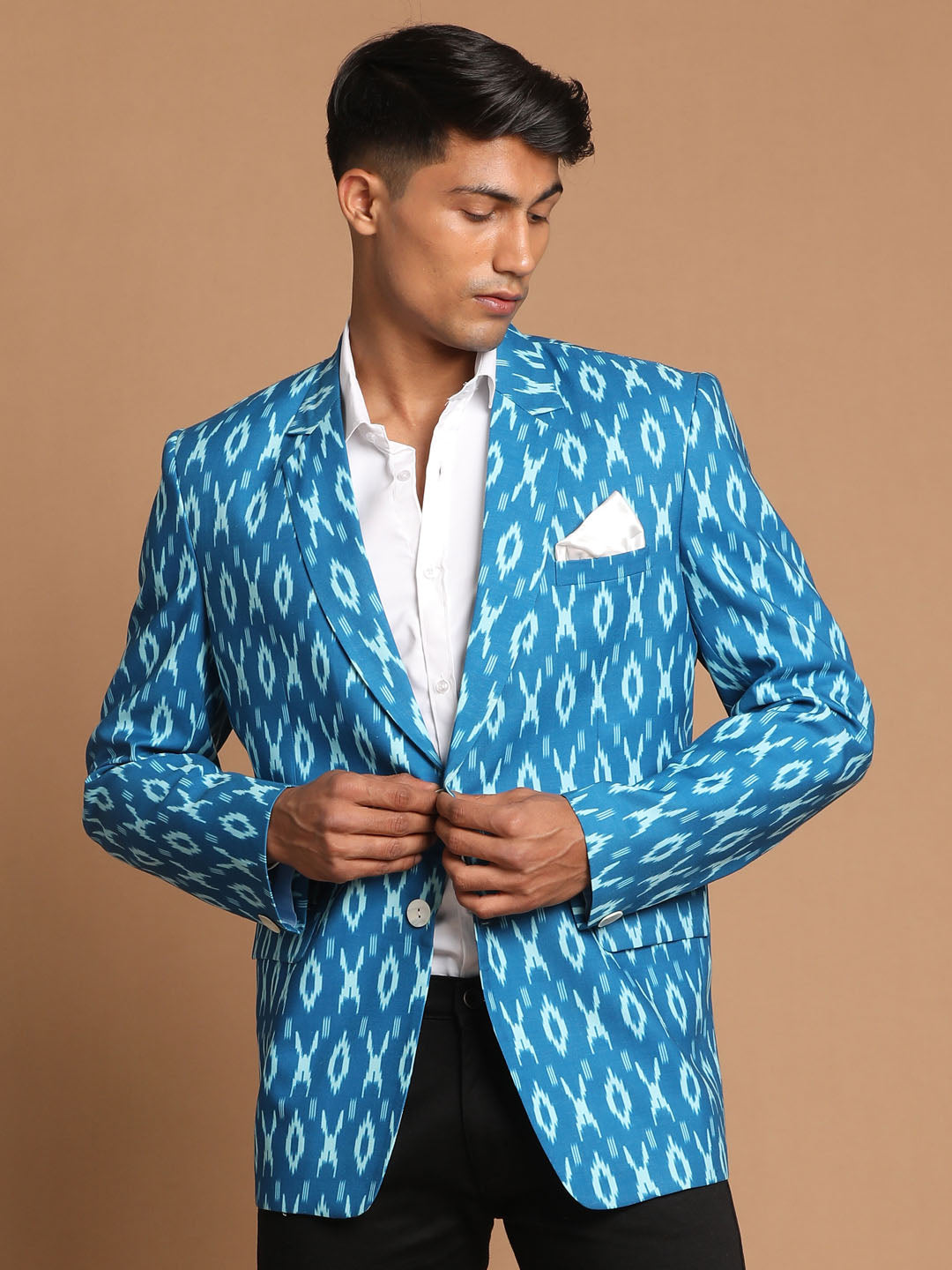 Men's Turquoise Blue Ikkat Print Blazer