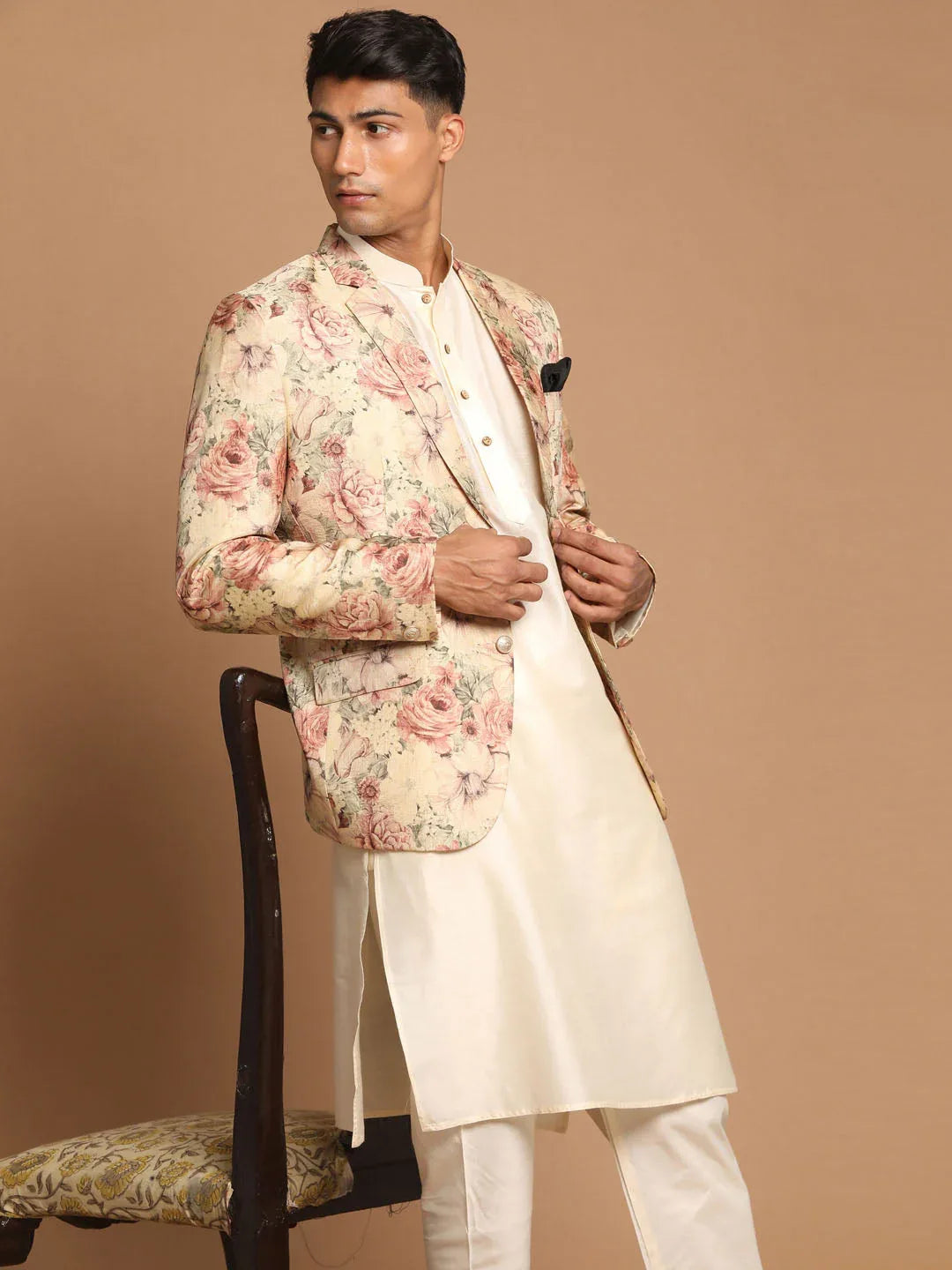 Men's Beige Floral Print Blazer And Cream Solid Kurta With Pajama Set