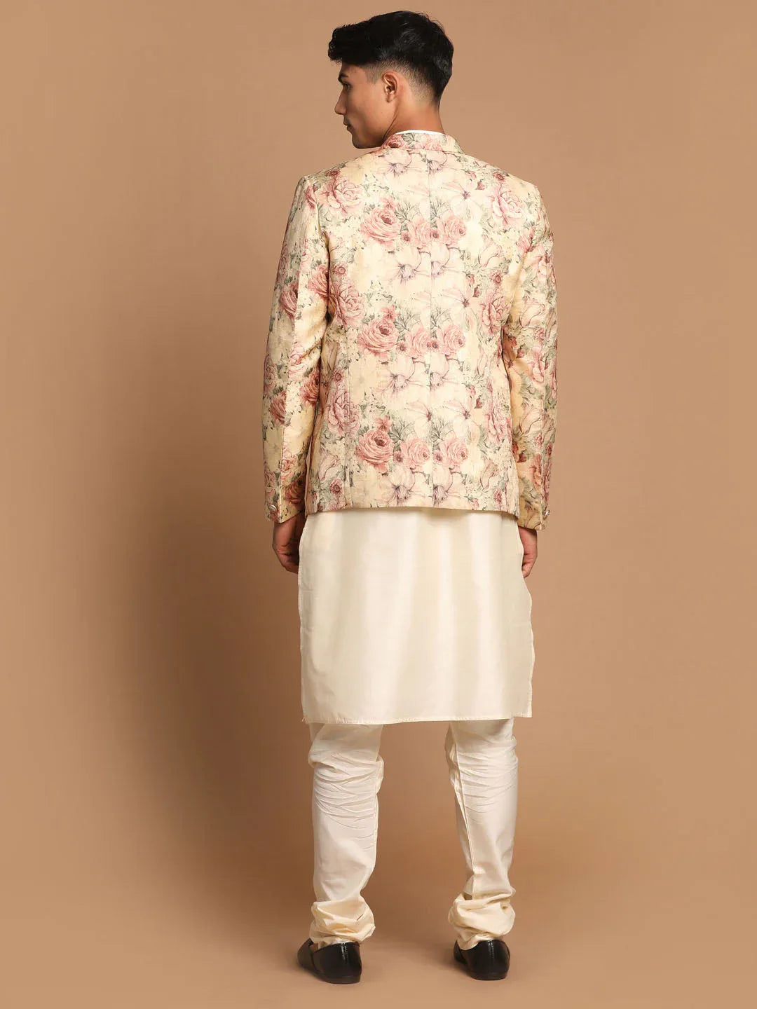 Men's Beige Floral Print Blazer And Cream Solid Kurta With Pajama Set