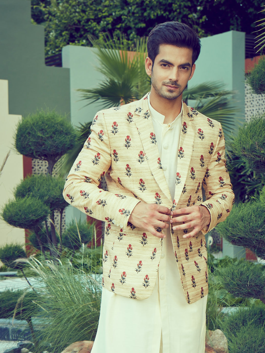 Men's Beige Silk Blend Printed Blazer