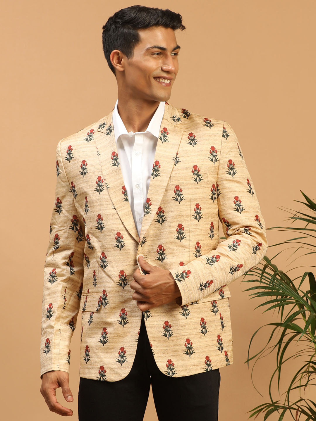 Men's Beige Silk Blend Printed Blazer