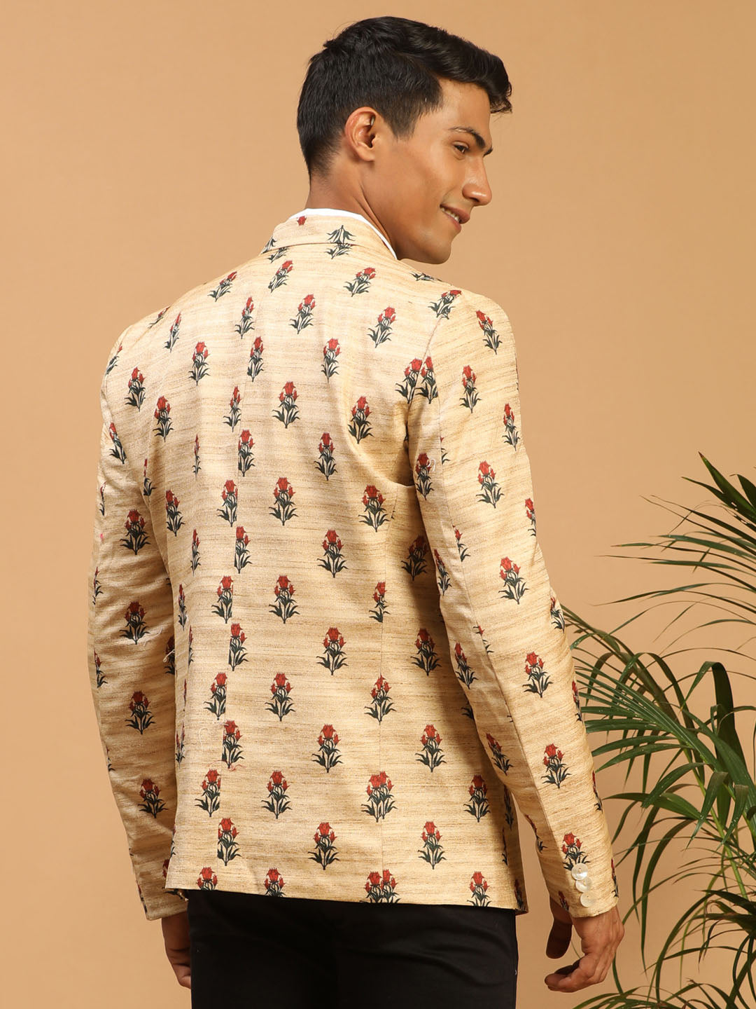 Men's Beige Silk Blend Printed Blazer