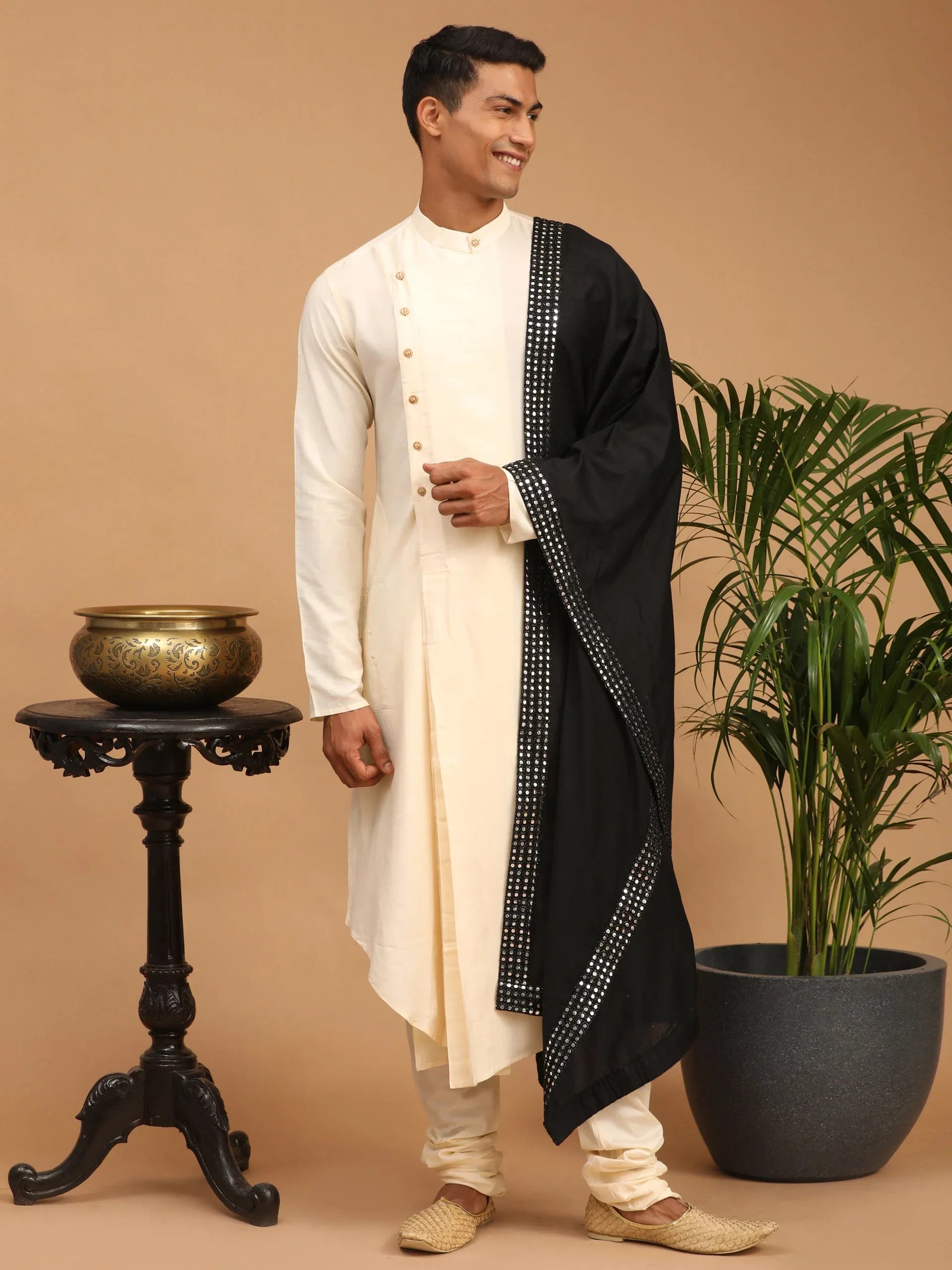 Men's Black Viscose Mirror Work Ethnic Dupatta