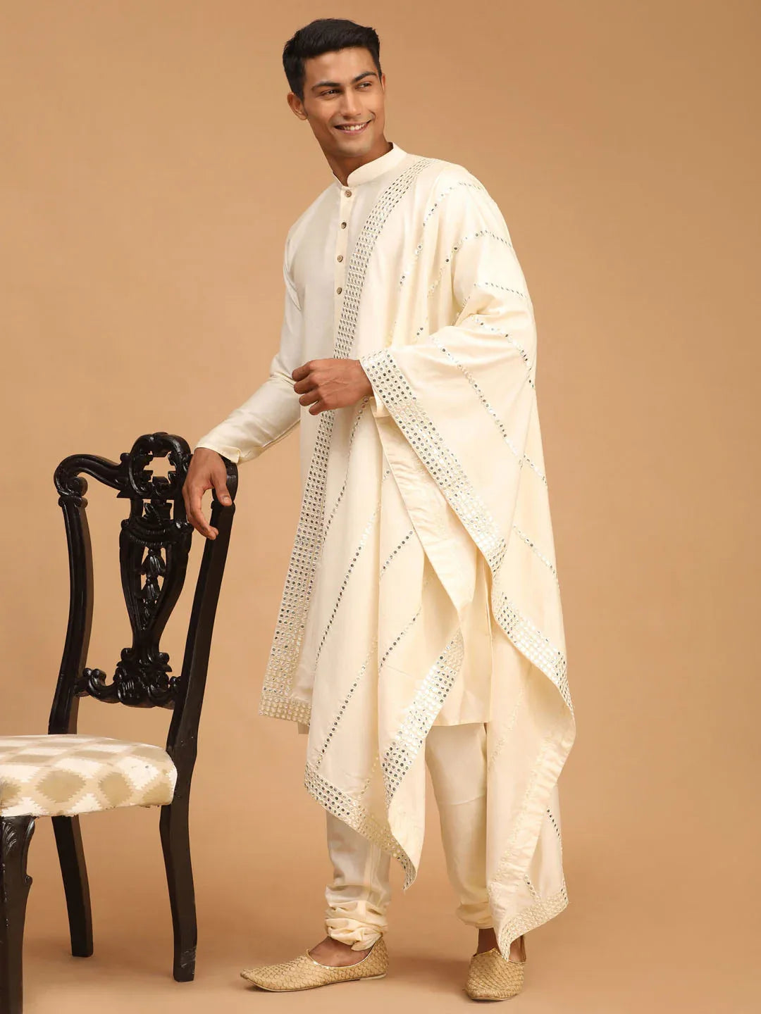 Men's Cream Viscose Mirror Work Embellished Dupatta