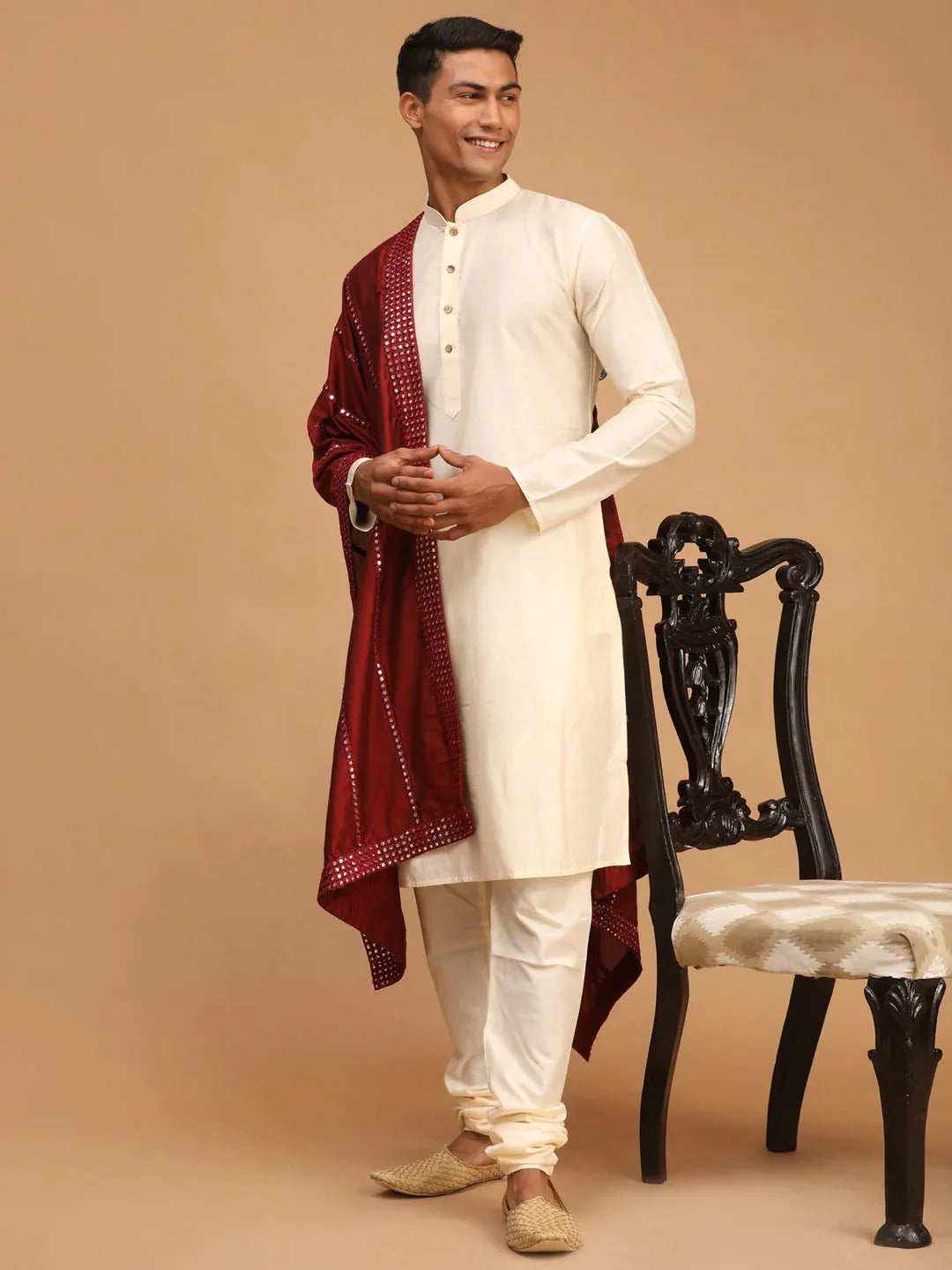 Men's Maroon Viscose Mirror Work Embellished Dupatta