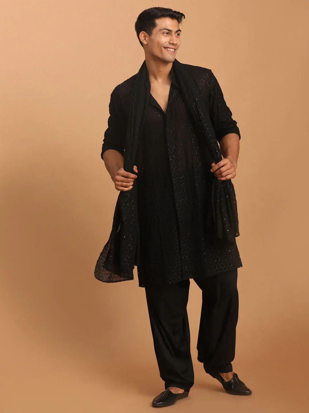 Men's Black Georgette Sequined Dupatta