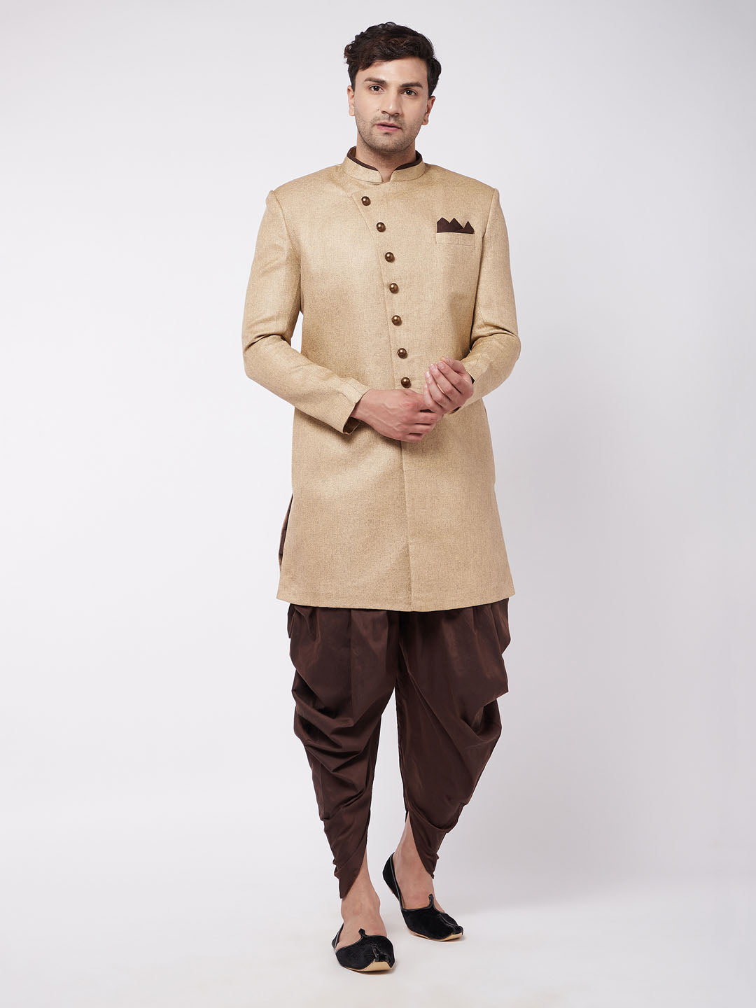 Men's Beige And Coffee Brown Jute Cotton Indo Western Set