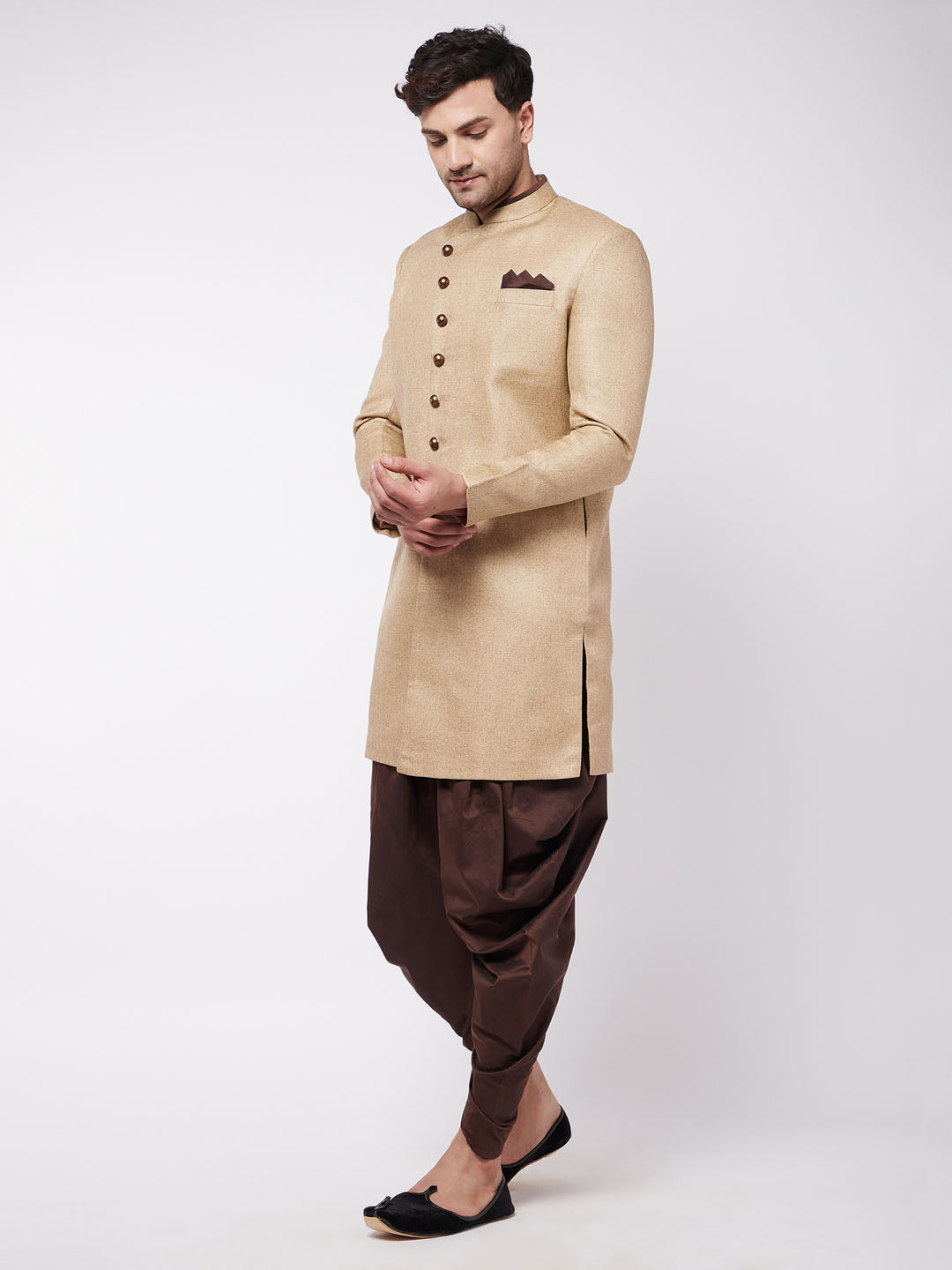 Men's Beige And Coffee Brown Jute Cotton Indo Western Set
