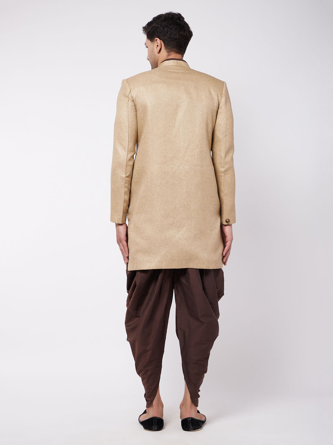 Men's Beige And Coffee Brown Jute Cotton Indo Western Set