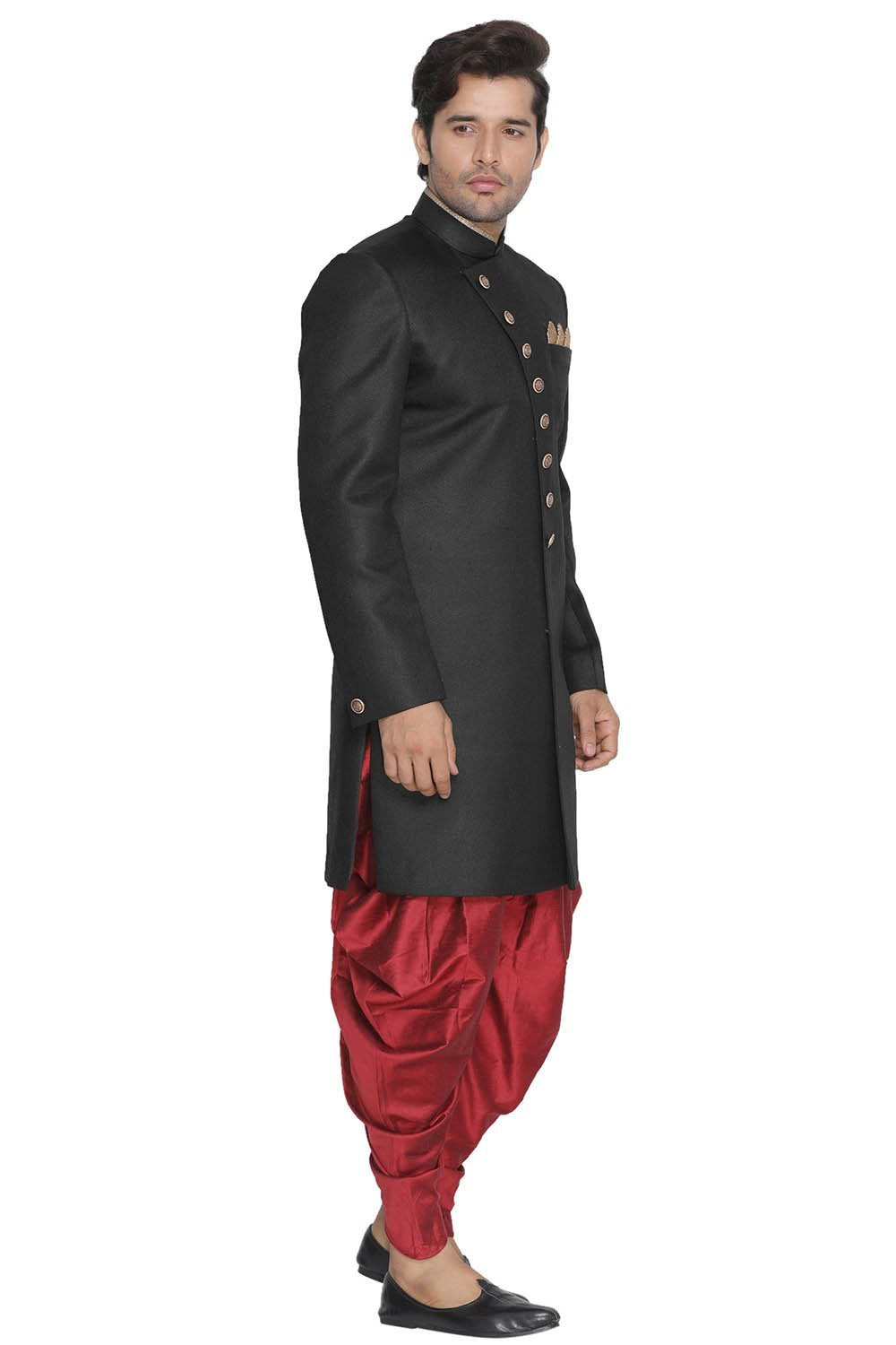VASTRAMAY Men's Black Jute Cotton Blend Sherwani Set
