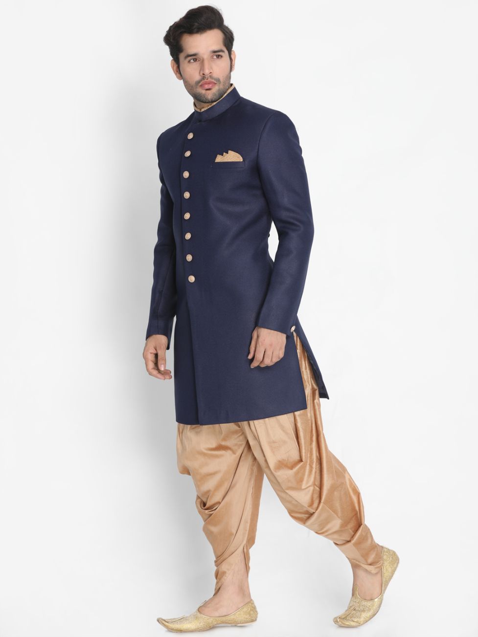 VASTRAMAY Men's Dark Blue Silk Blend Sherwani Set
