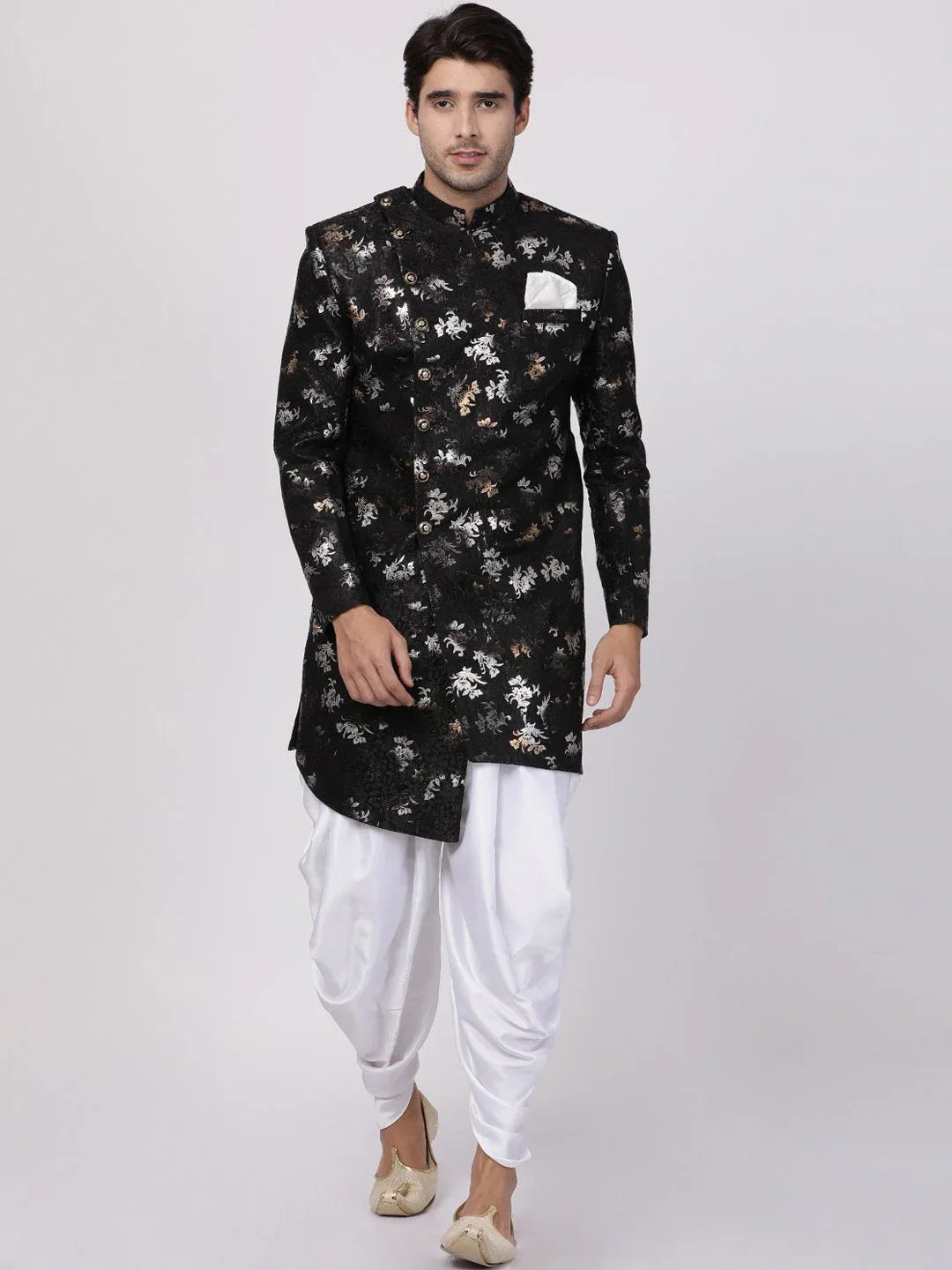 VASTRAMAY Men's Black Silk Blend Sherwani Set