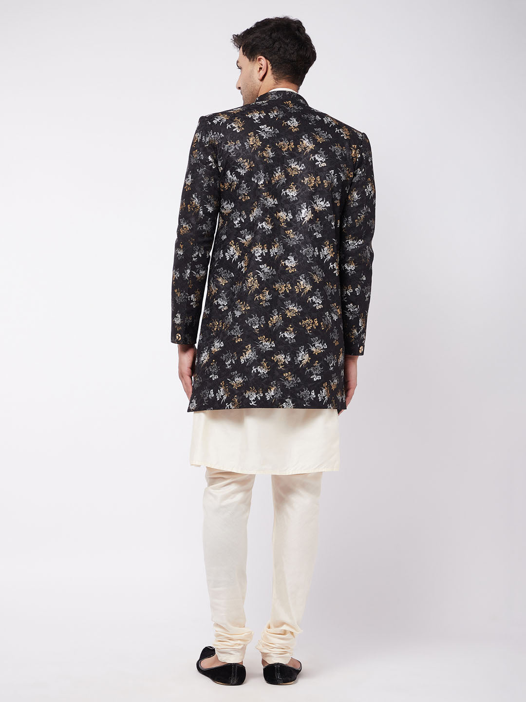 Men's Black Angrakha Style Indo Western Over Cream Kurta Pyjama Set