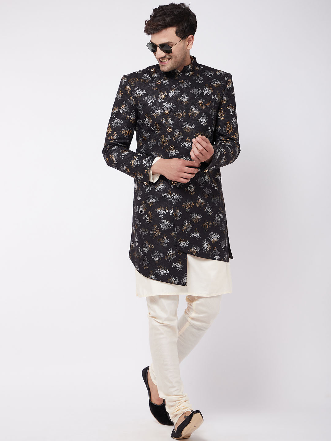 Men's Black Angrakha Style Indo Western Over Cream Kurta Pyjama Set