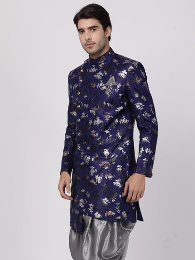 VASTRAMAY Men's Blue Silk Blend Sherwani Only Top