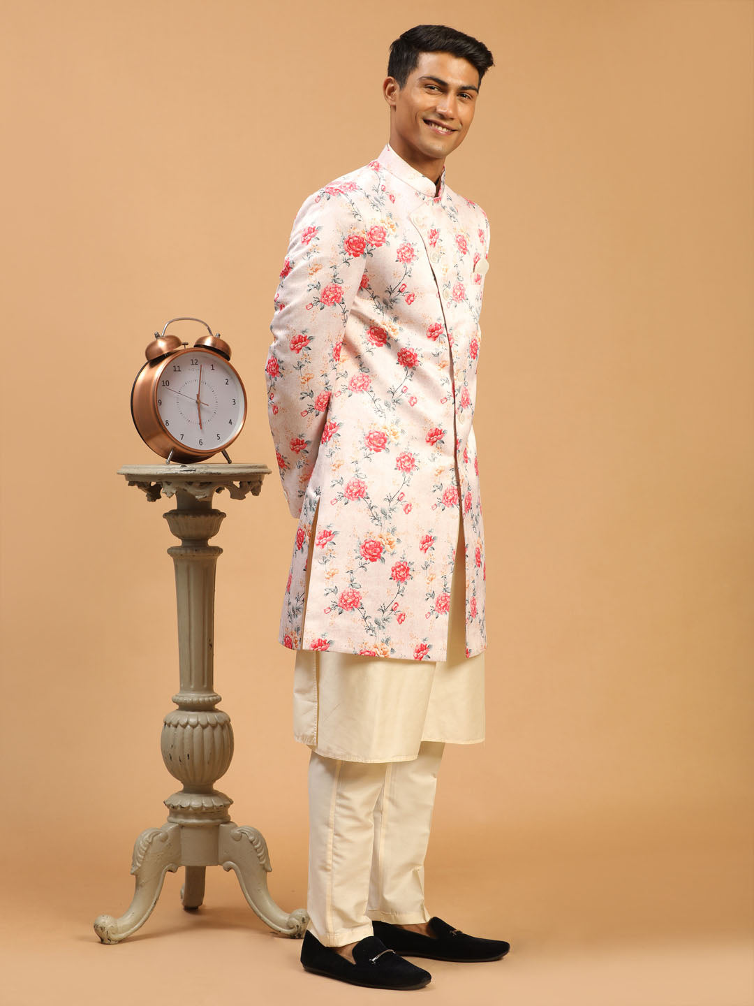 Men's Multicolor Base Peach Silk Blend Sherwani With Kurta Pant Set