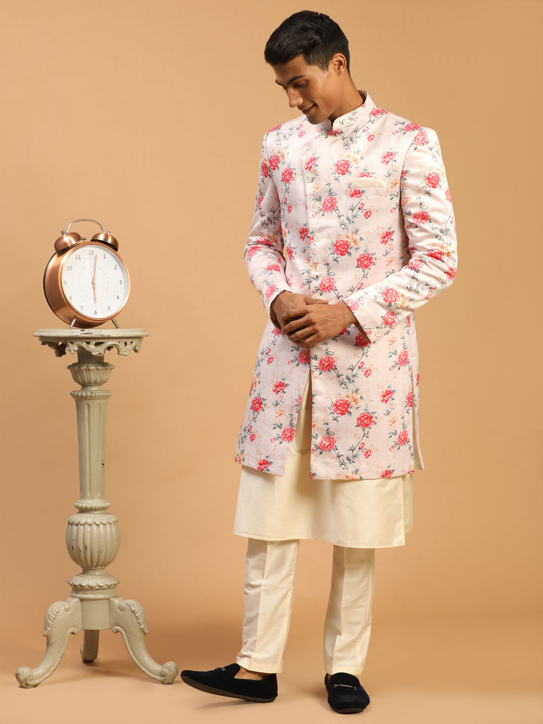 Men's Multicolor Base Peach Silk Blend Sherwani With Kurta Pant Set