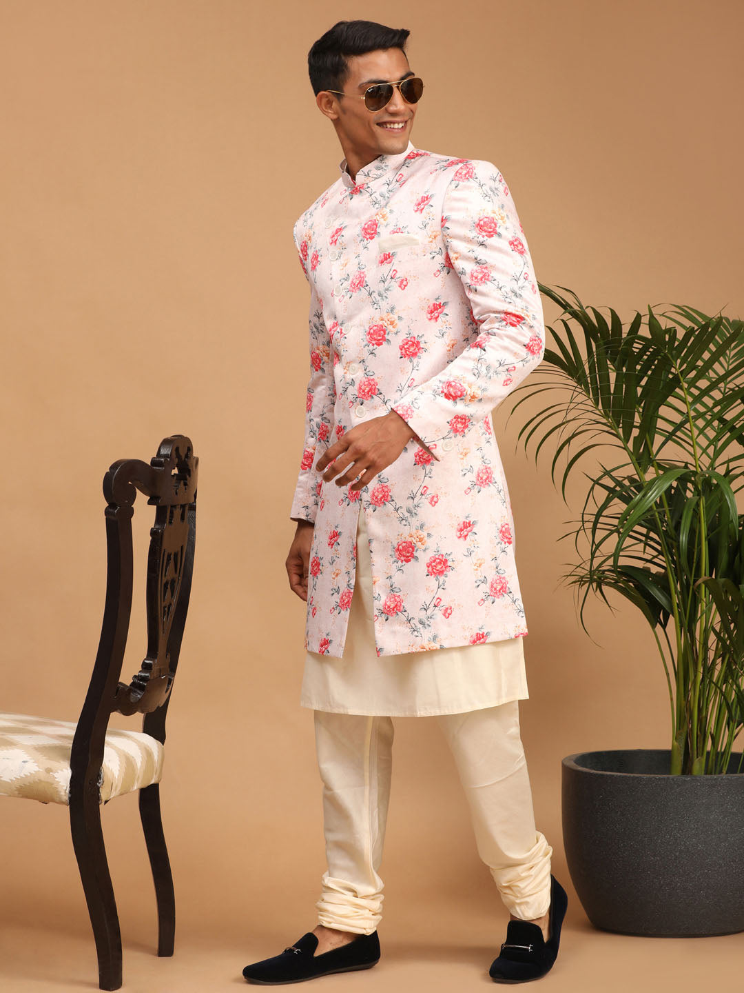 Men's Multicolor Base Peach Silk Blend Sherwani With Kurta Pyjama Set