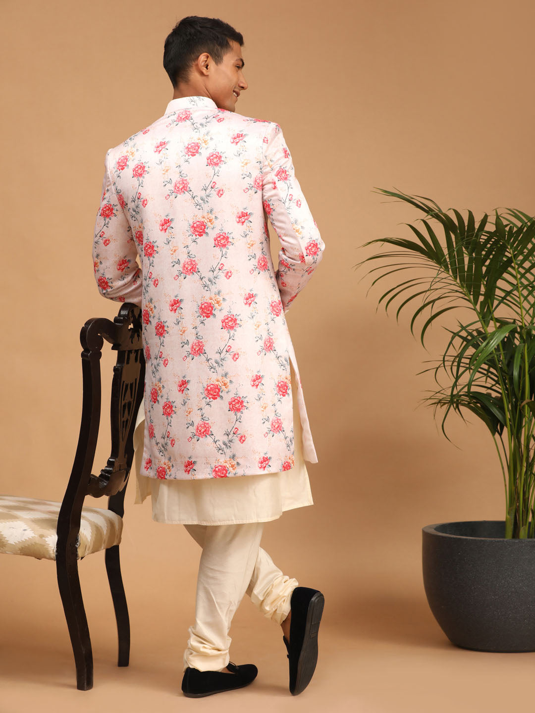 Men's Multicolor Base Peach Silk Blend Sherwani With Kurta Pyjama Set