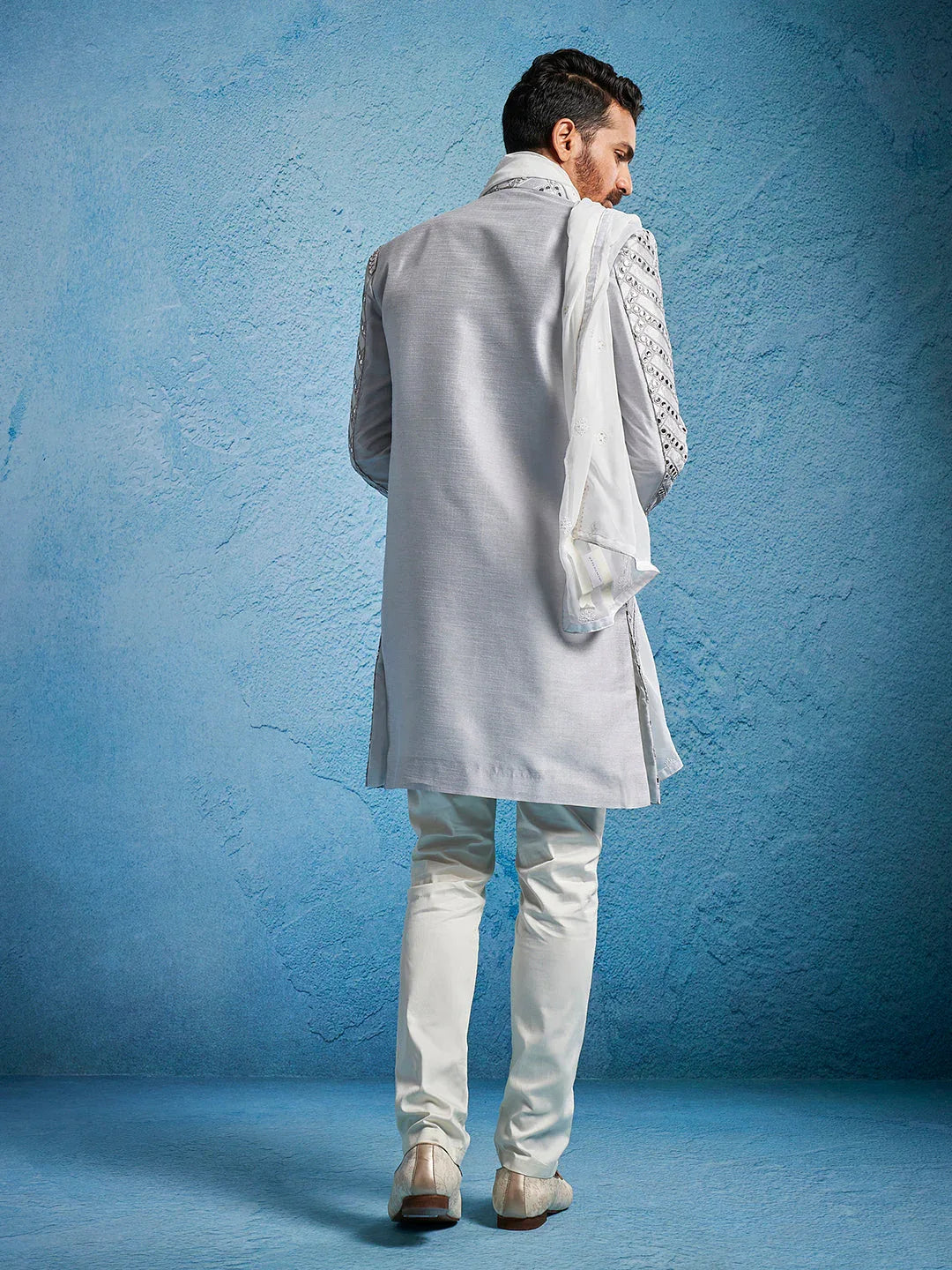 Men's Aqua Silk Blend Sherwani Set