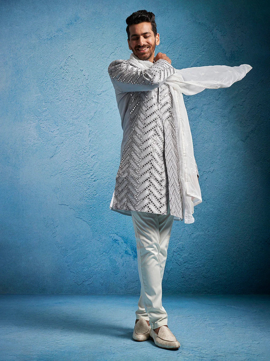 Men's Aqua Silk Blend Sherwani Set