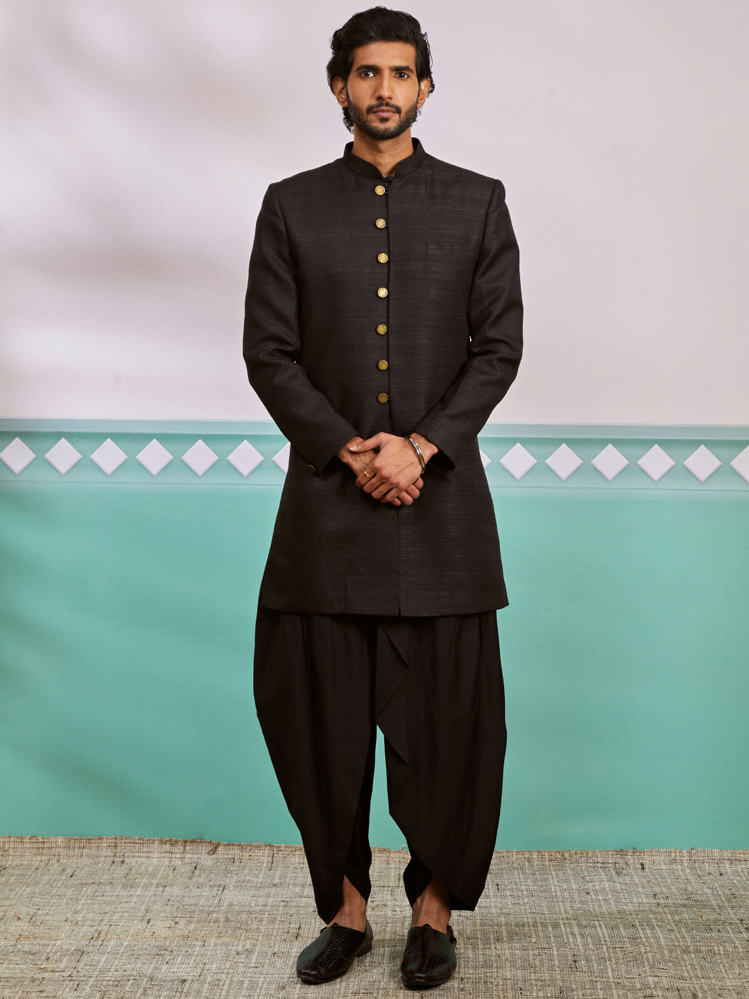 Men's Black Silk Blend Sherwani Set
