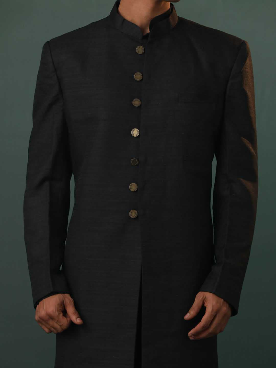Men's Black Sherwani With Kurta Pant Set