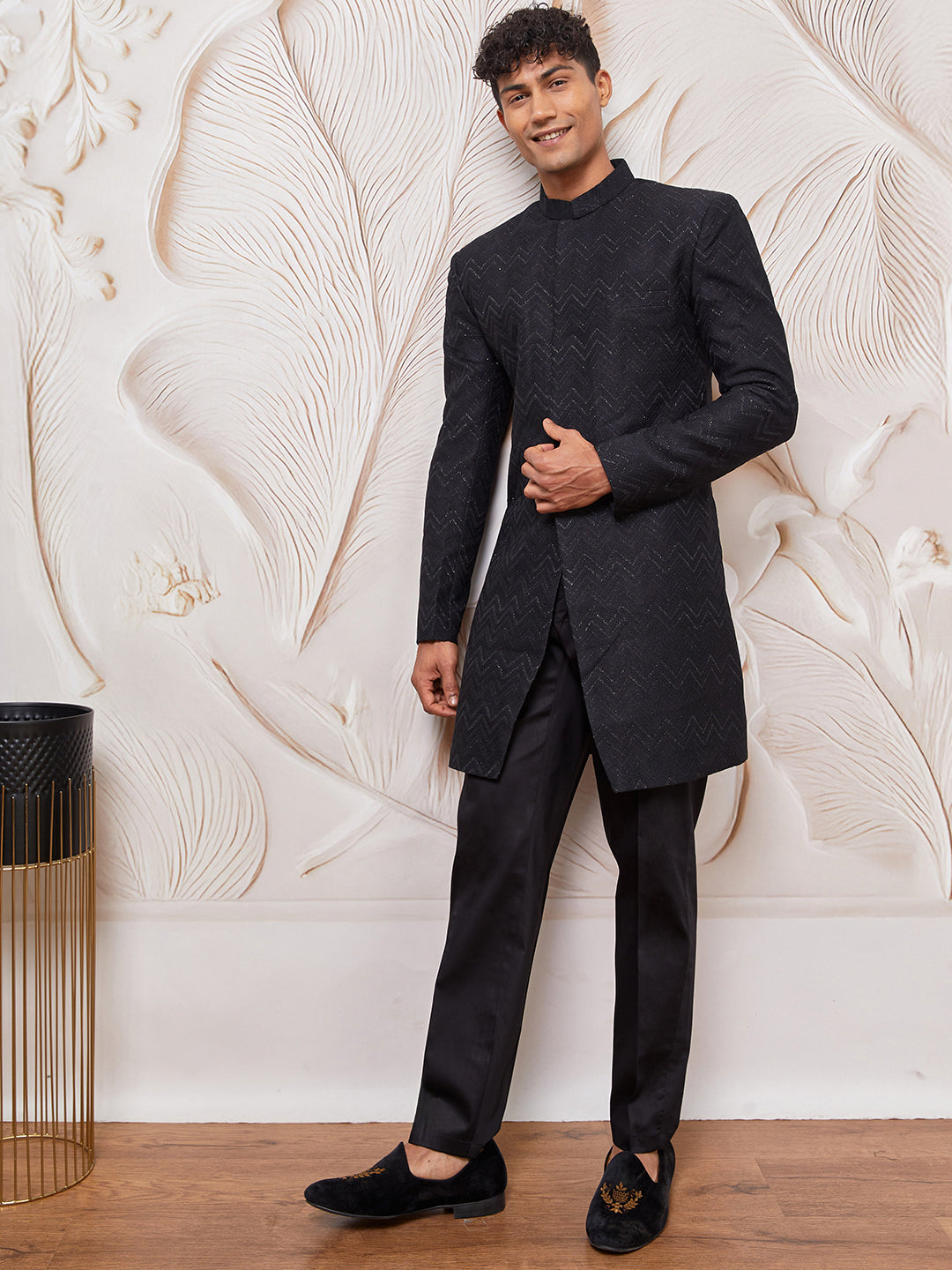 Men's Black Silk Blend Indowestern And Pant Set
